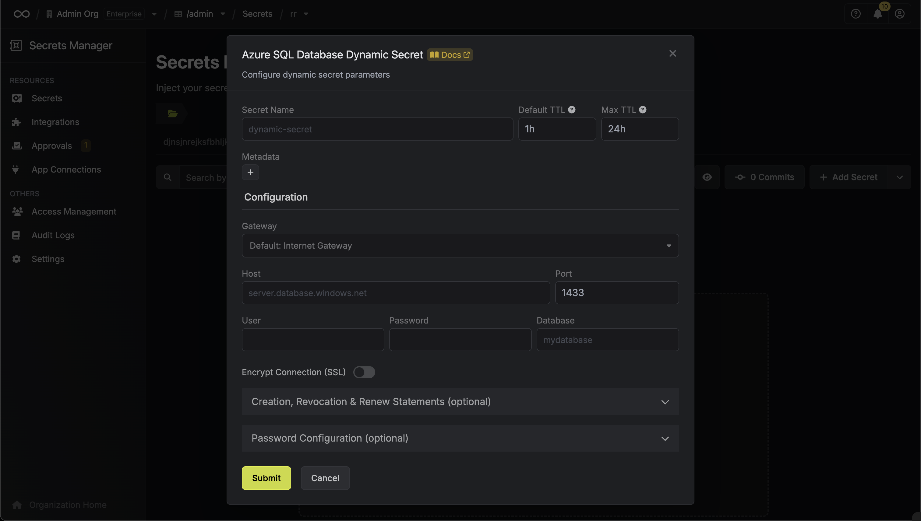 Dynamic Secret Setup Modal