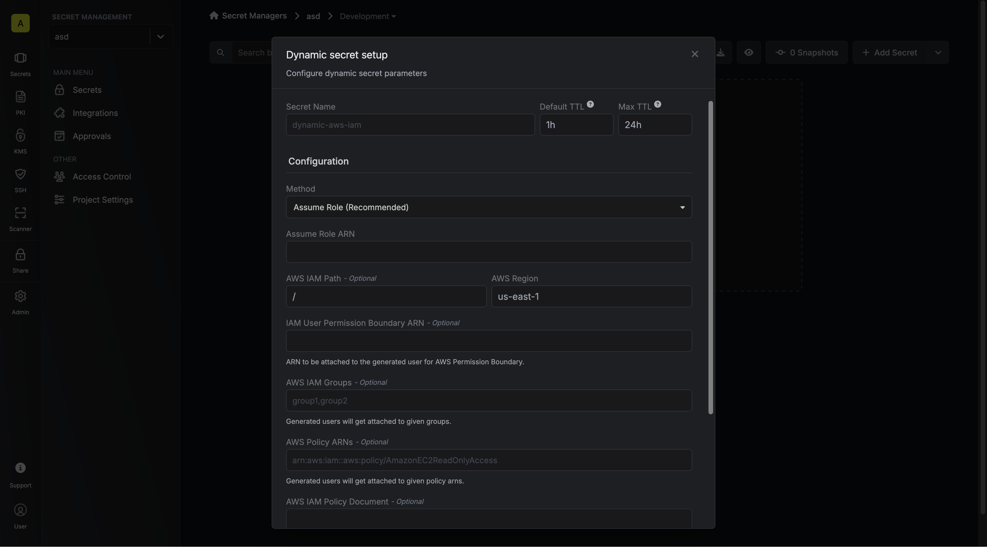 Dynamic Secret Setup Modal