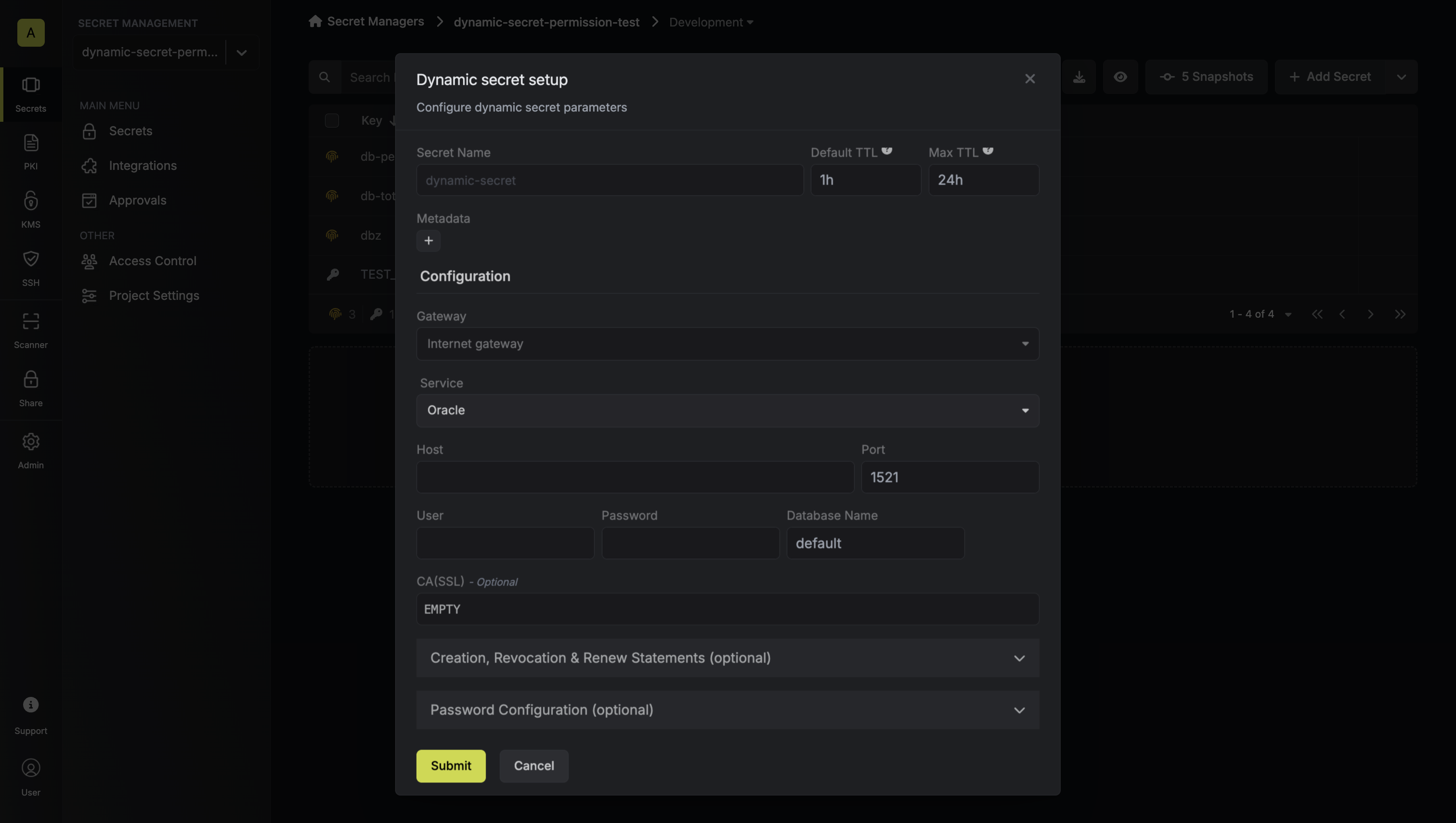 Dynamic Secret Setup Modal