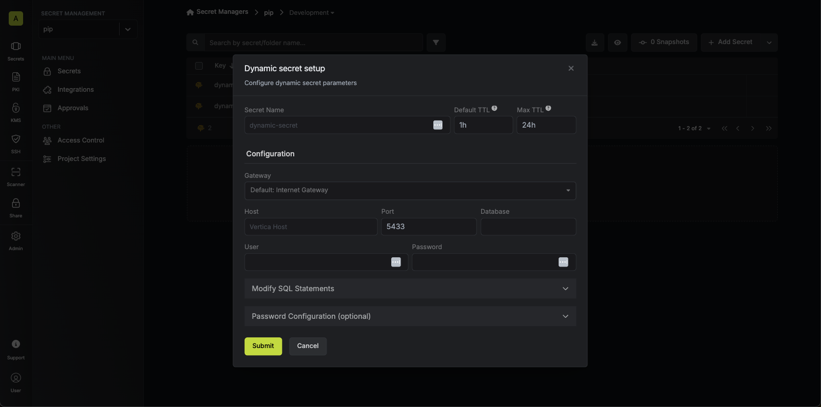 Dynamic Secret Setup Modal