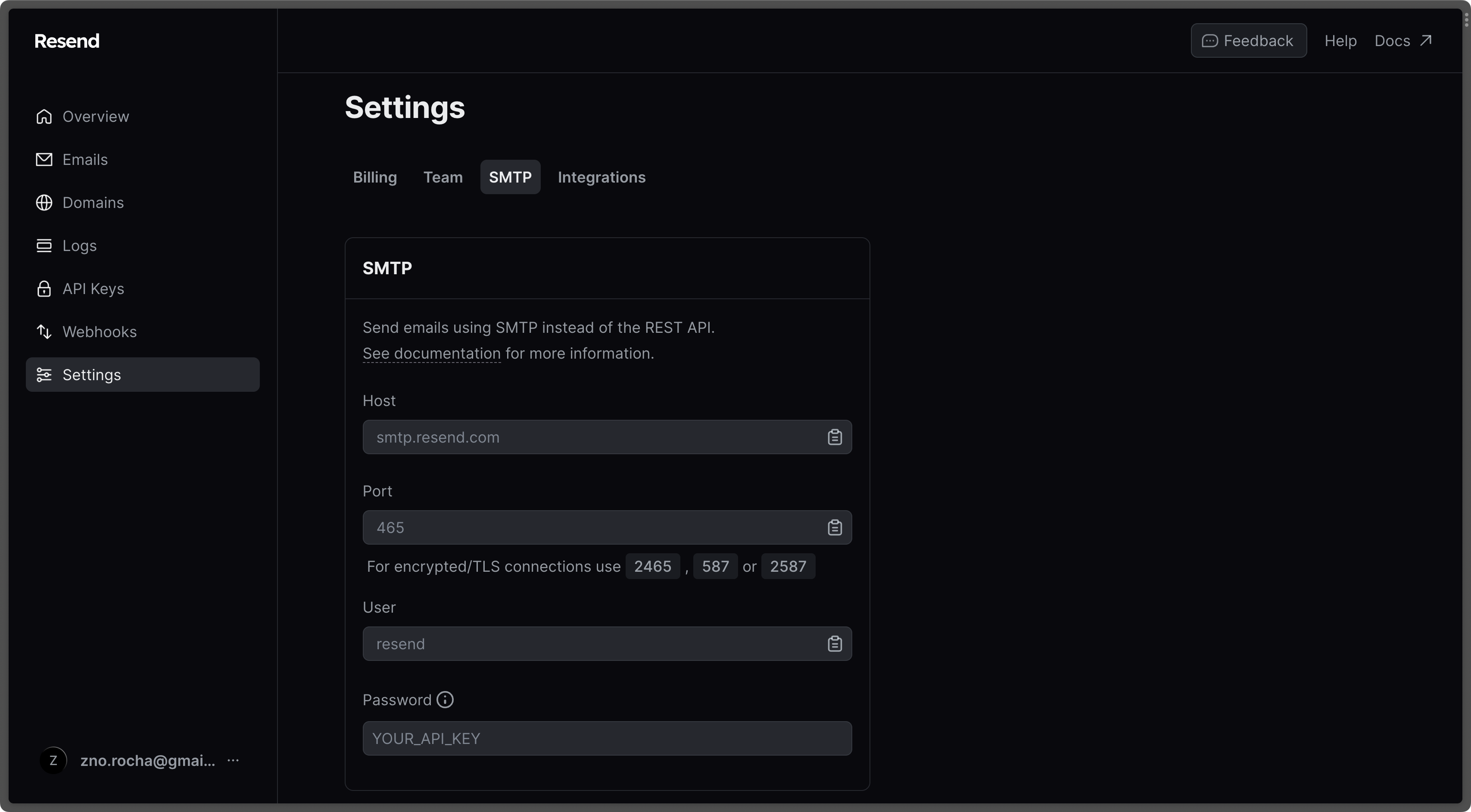 go to resend smtp settings