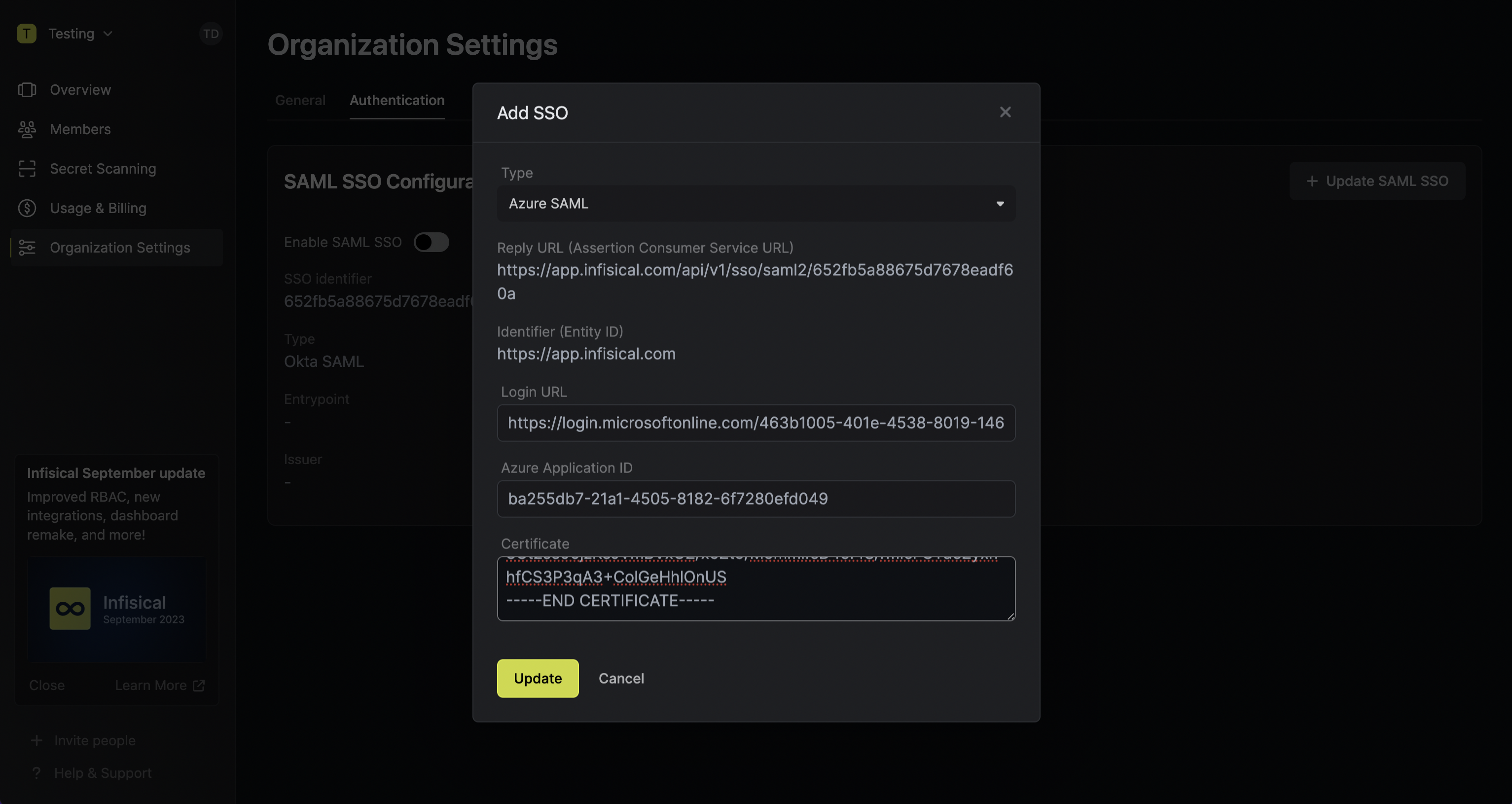 Azure SAML paste identity provider values