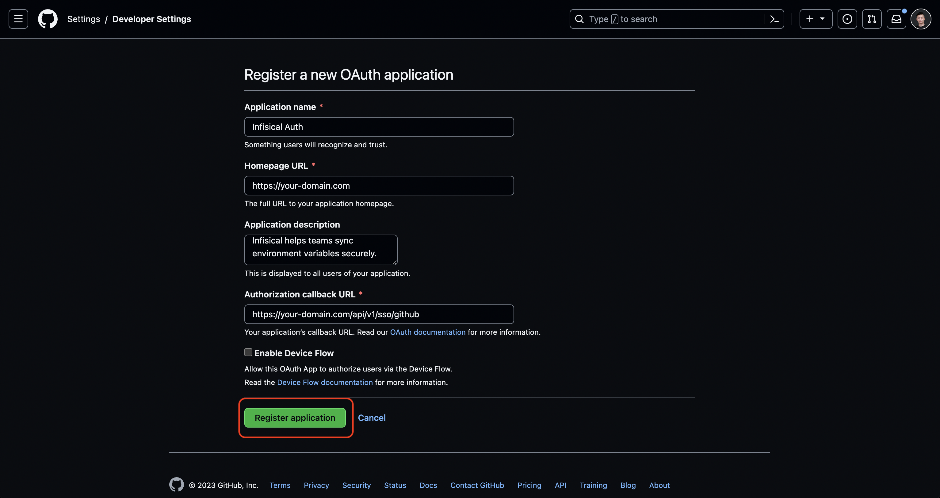 GitHub create new OAuth application form
