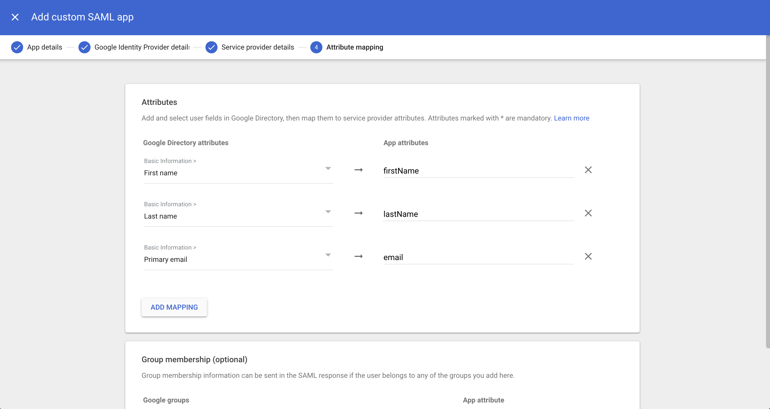 Google SAML attribute mapping