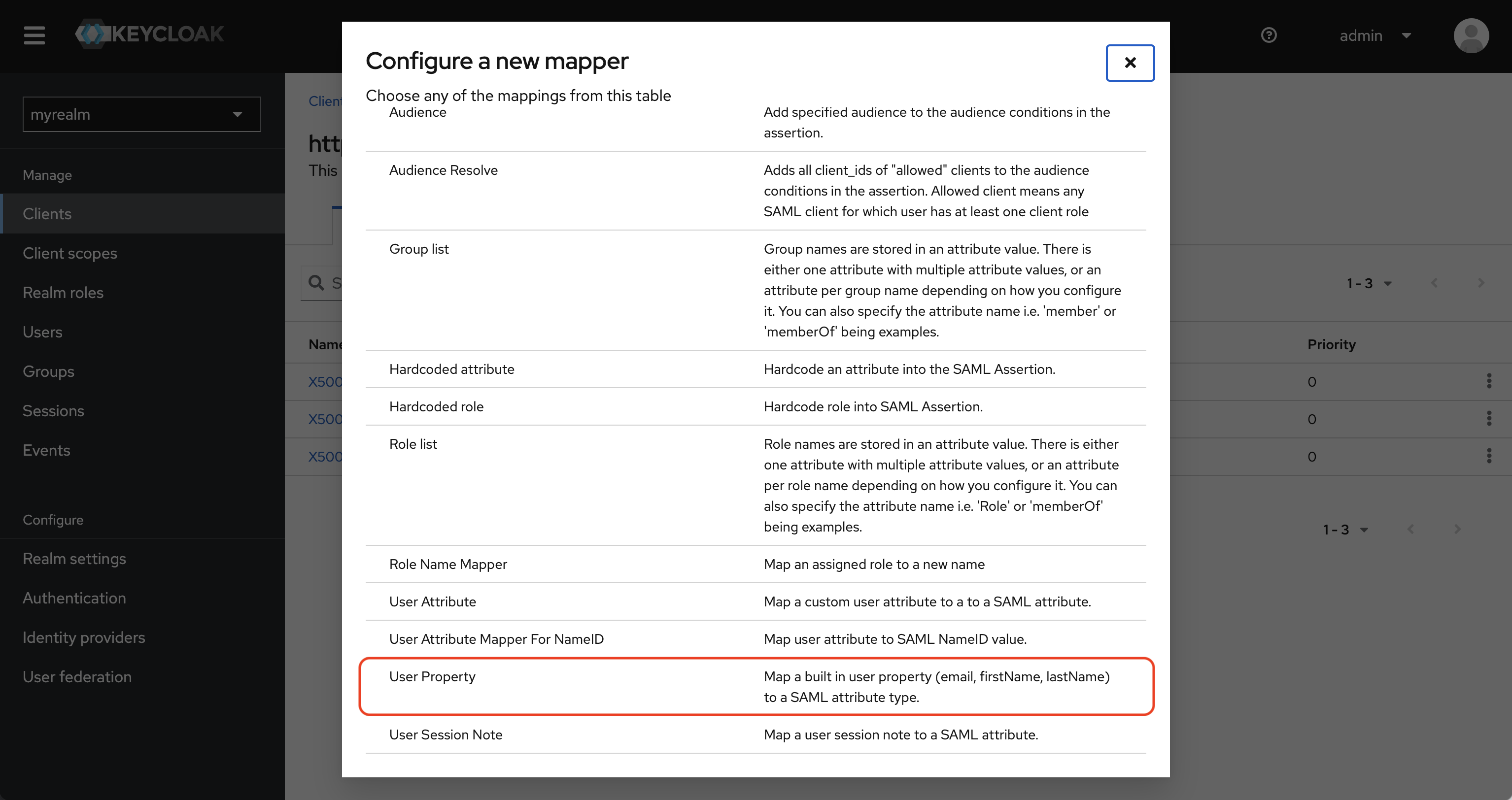 SAML keycloak client mappers user property