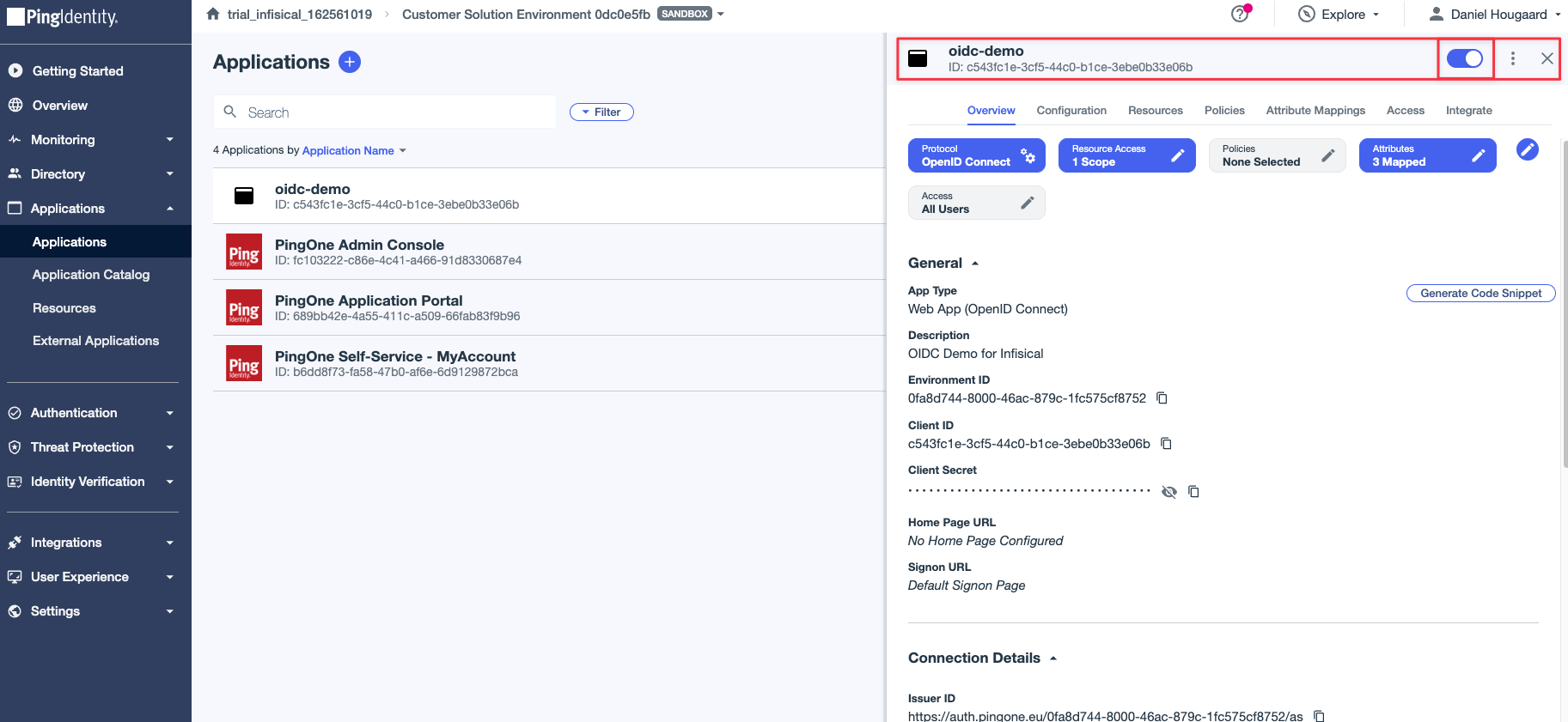 OIDC PingOne Enable Application