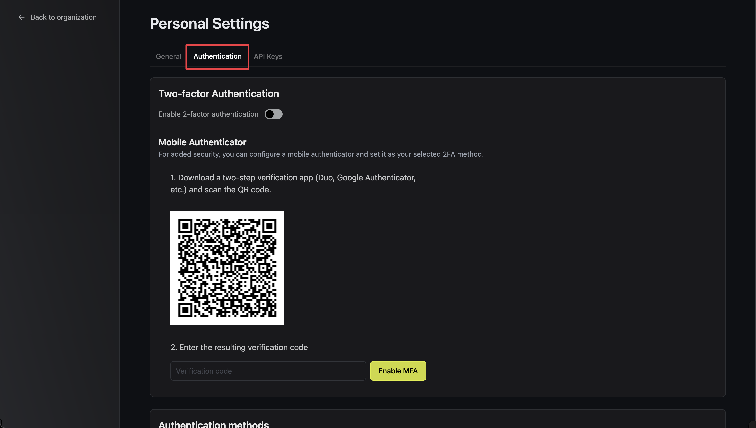 open authentication tab