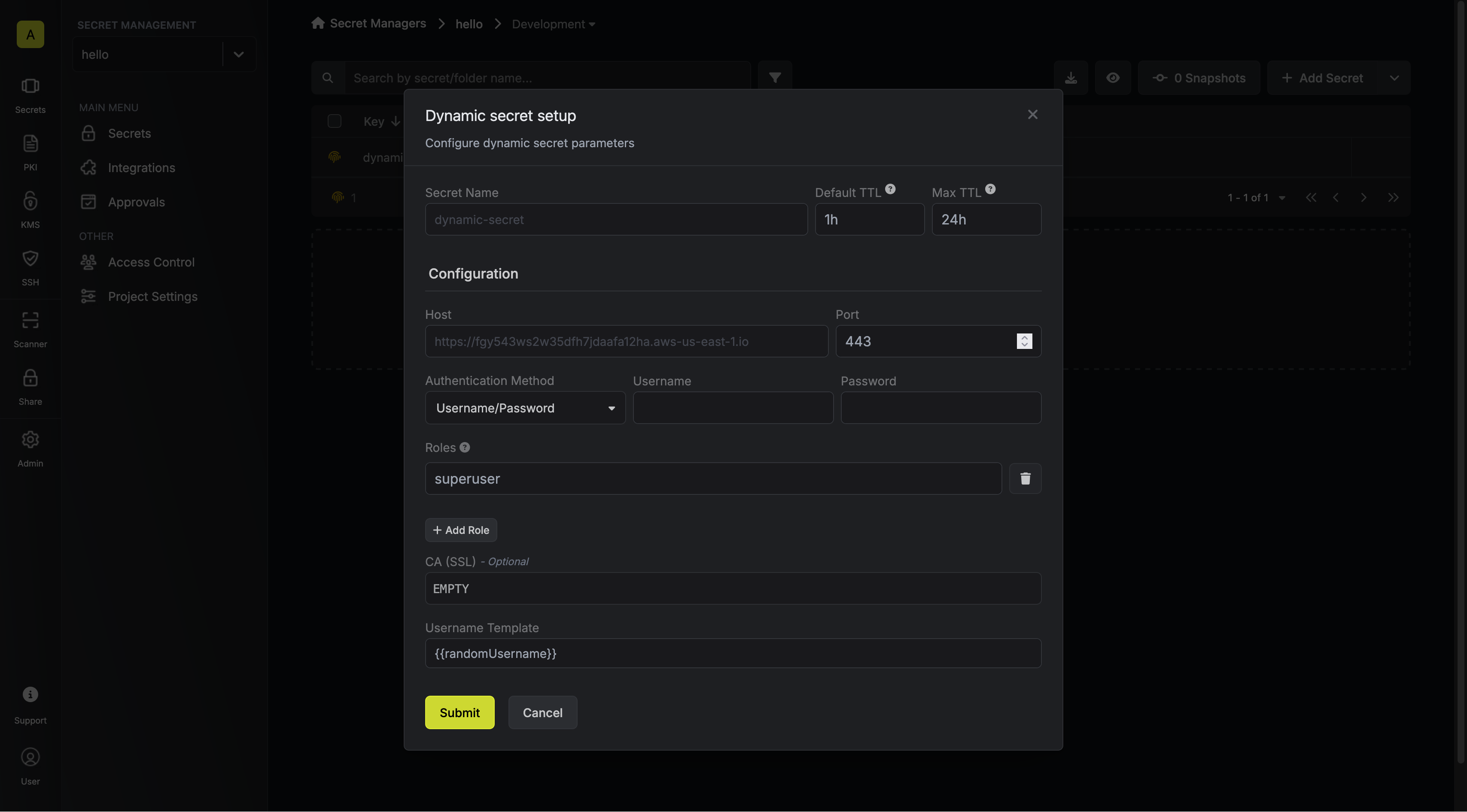 Dynamic Secret Setup Modal