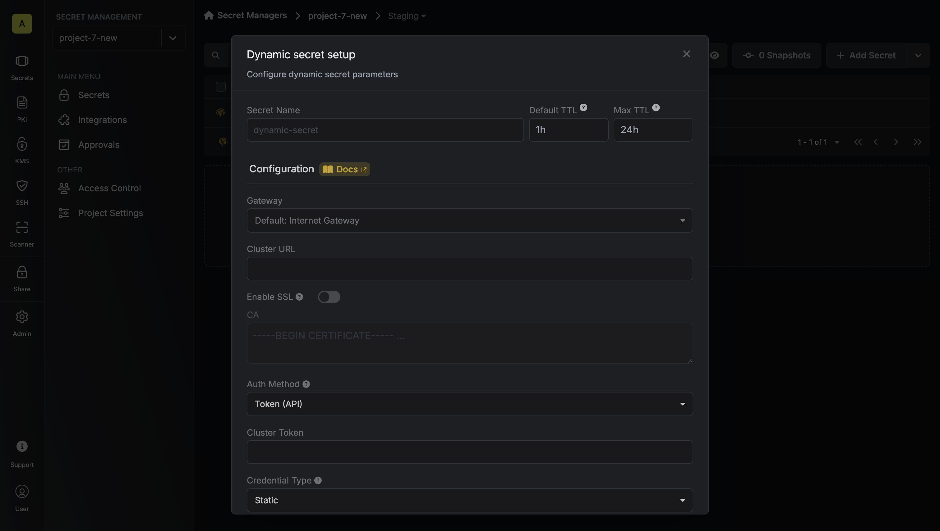 Dynamic Secret Setup Modal