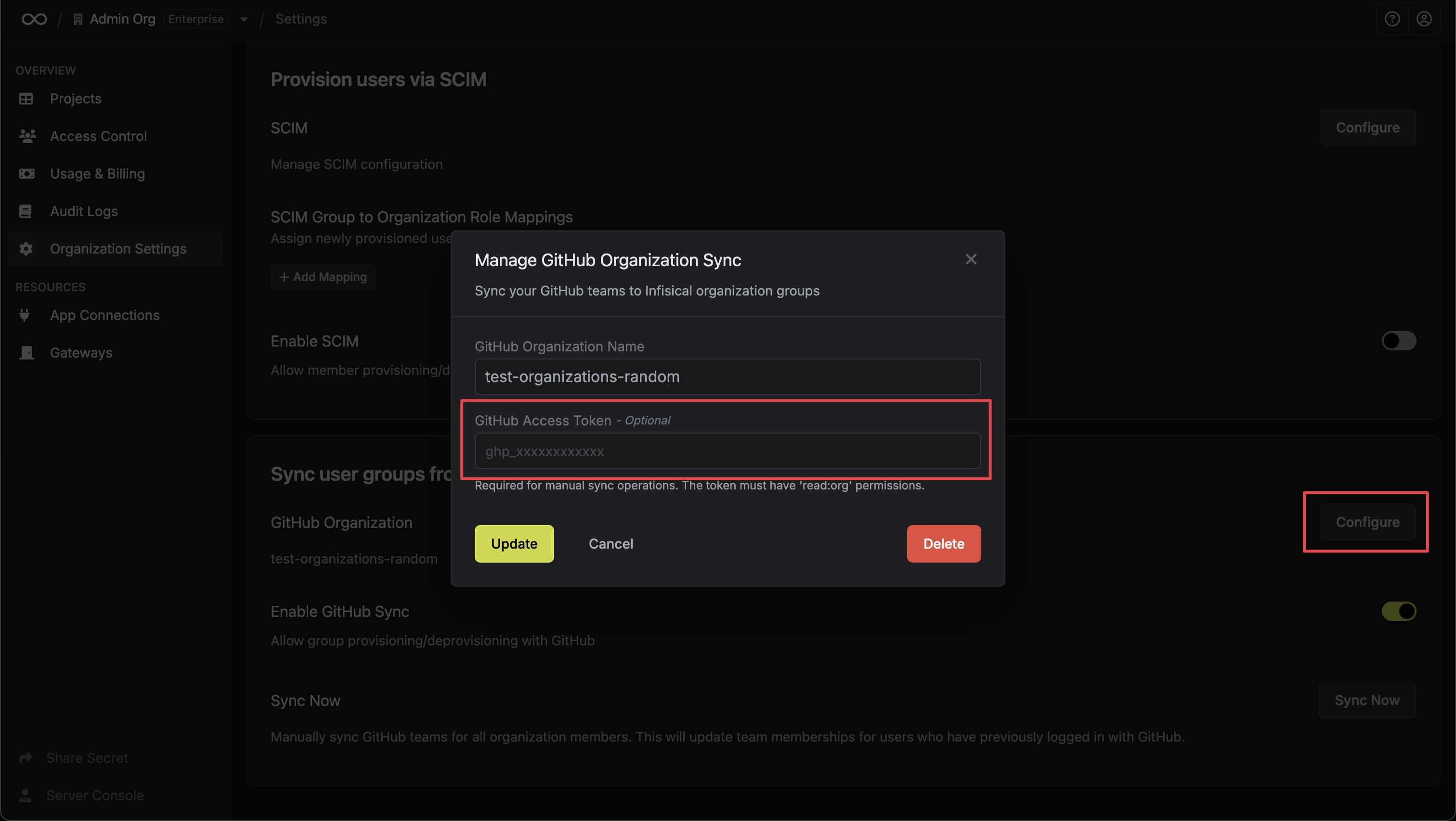Token Configuration Modal