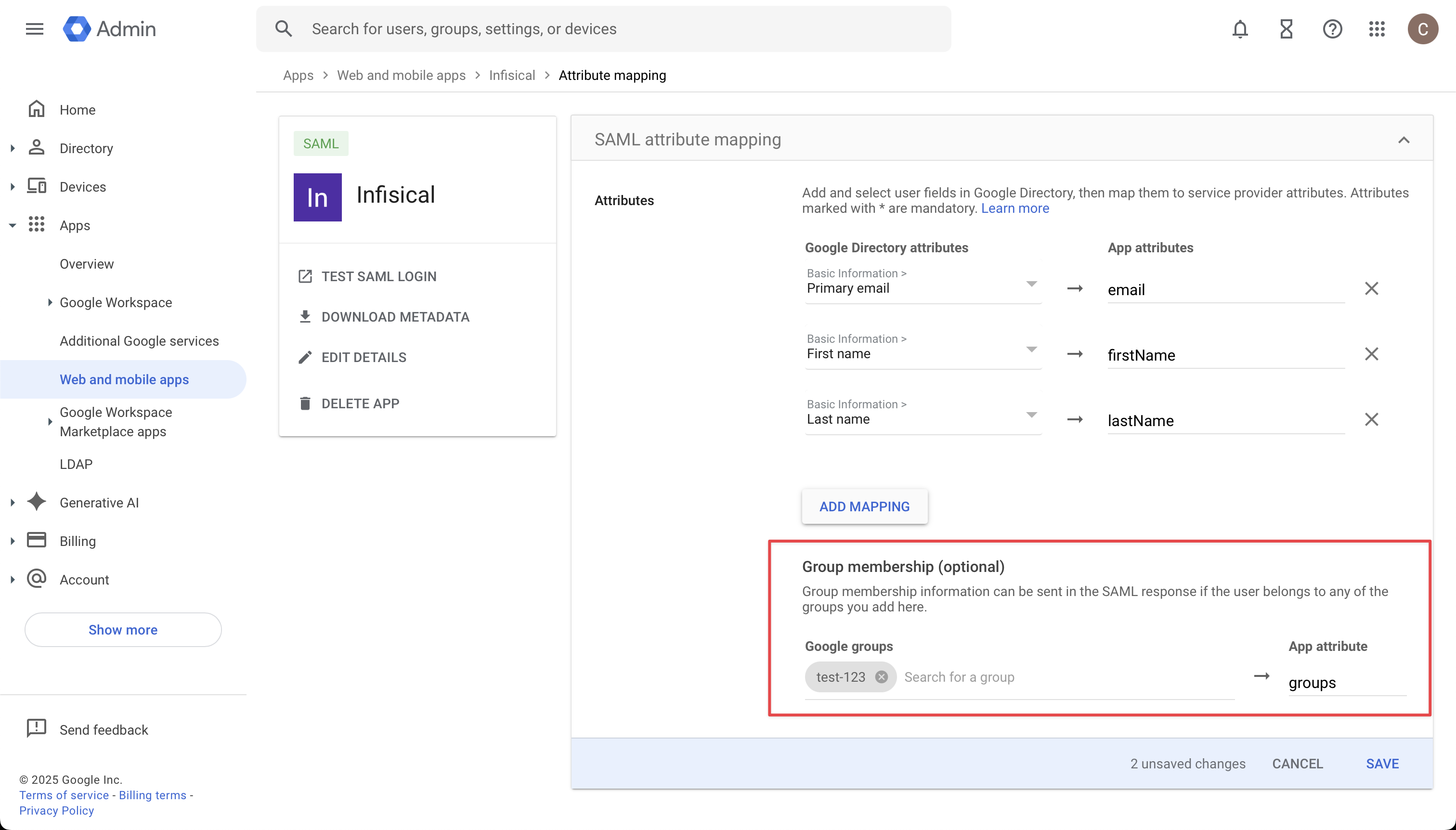 Google SAML groups attribute mapping