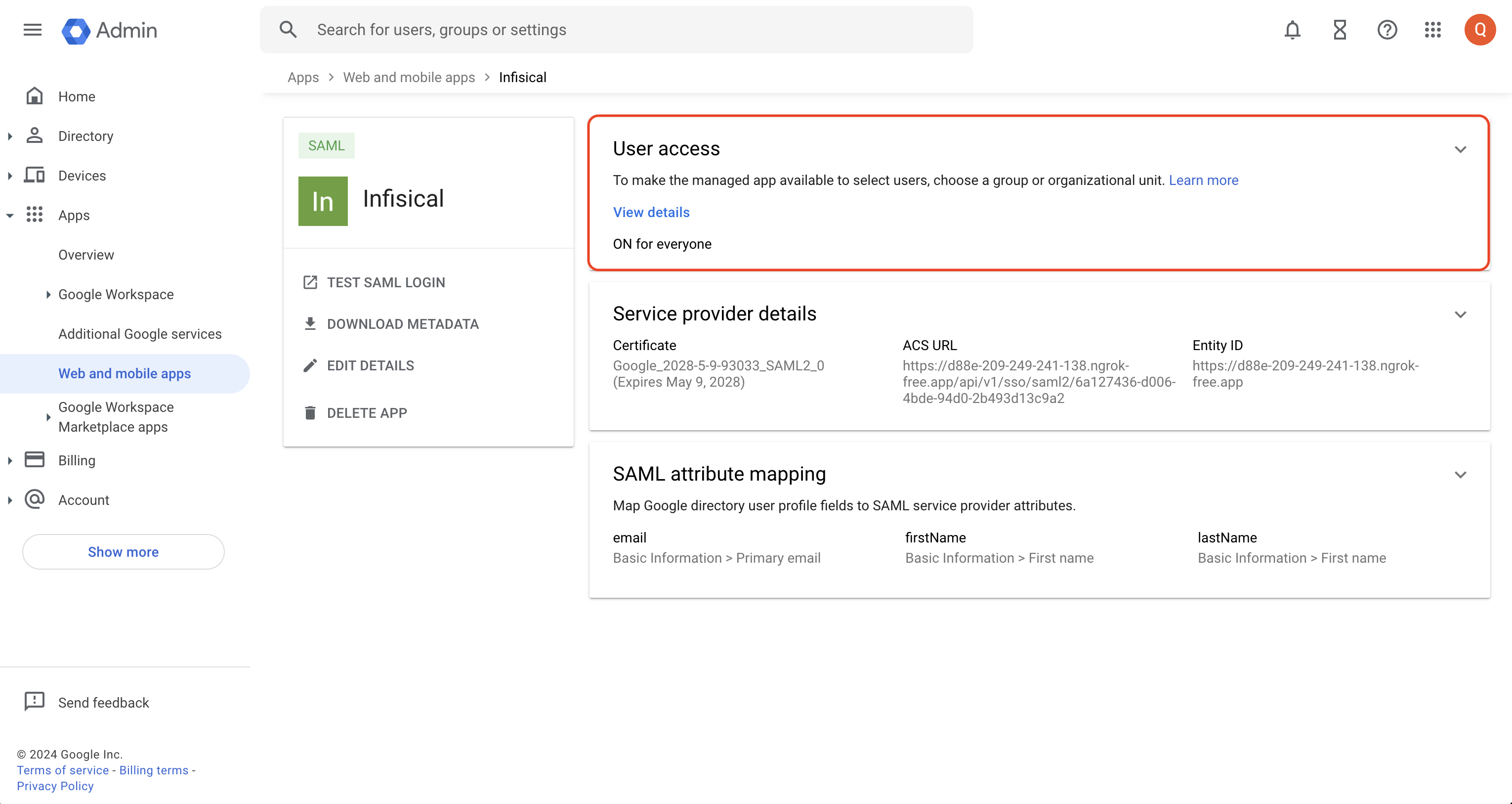 Google SAML user access