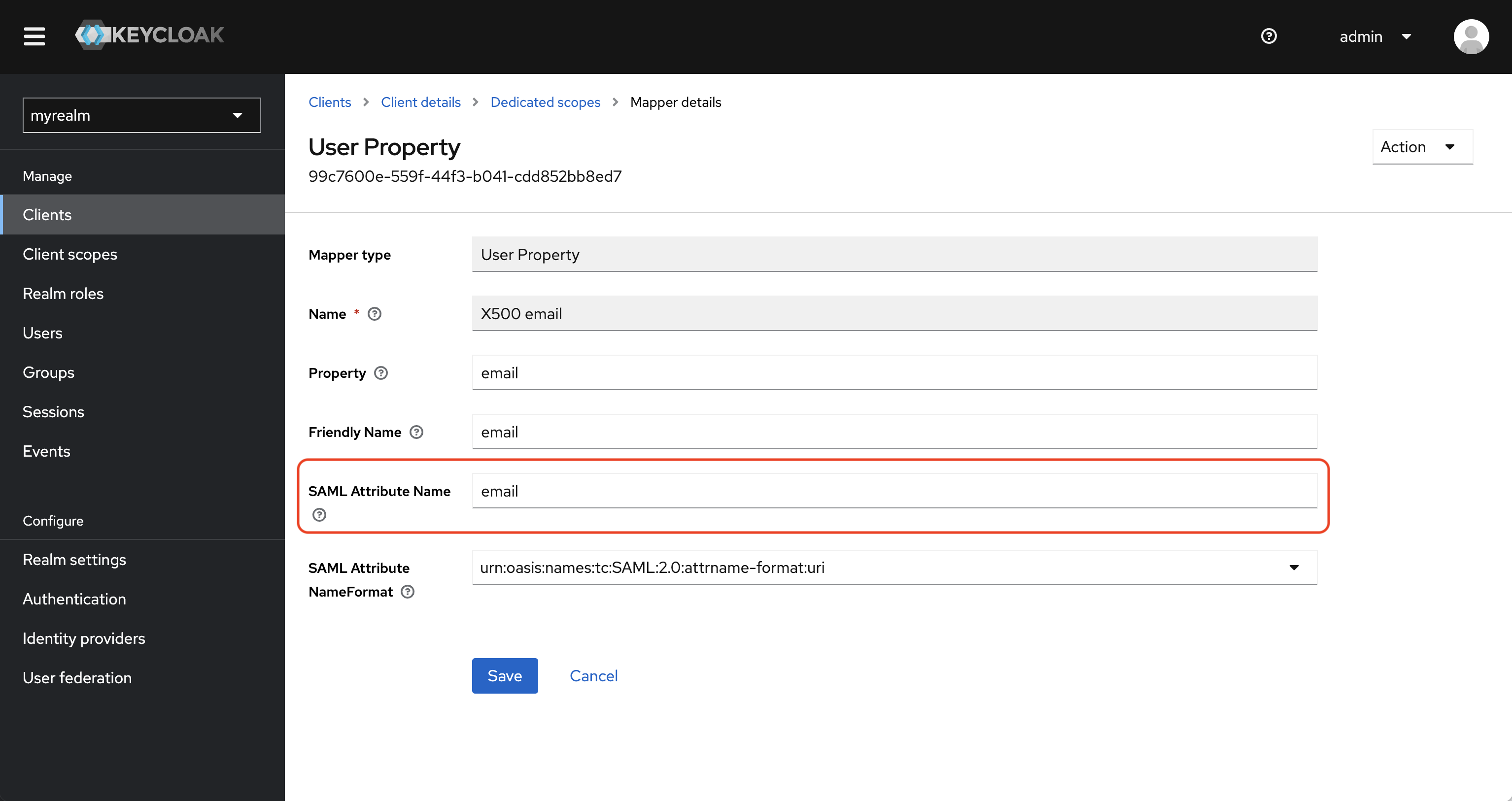 SAML keycloak client mappers email
