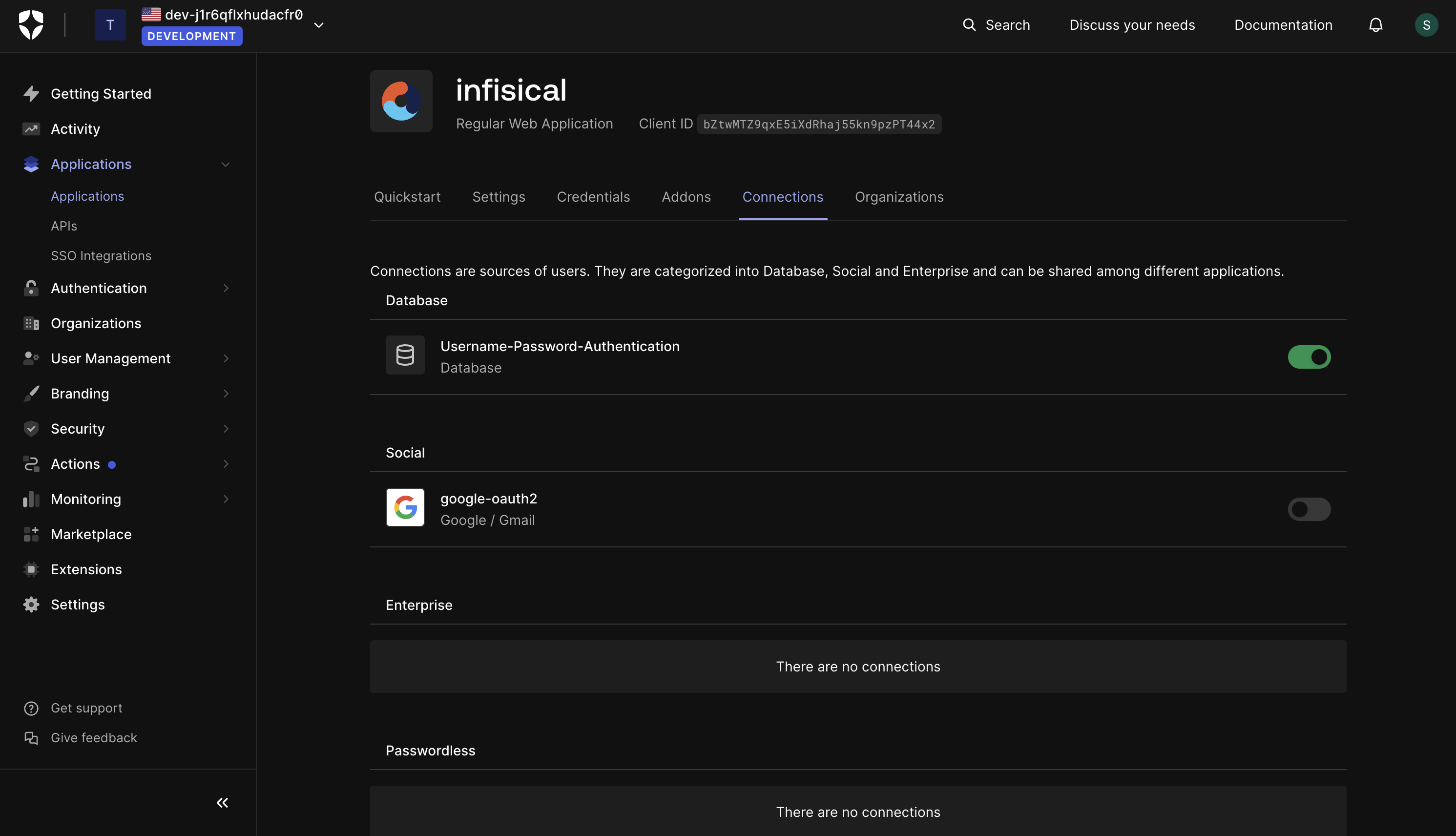 OIDC auth0 application connections