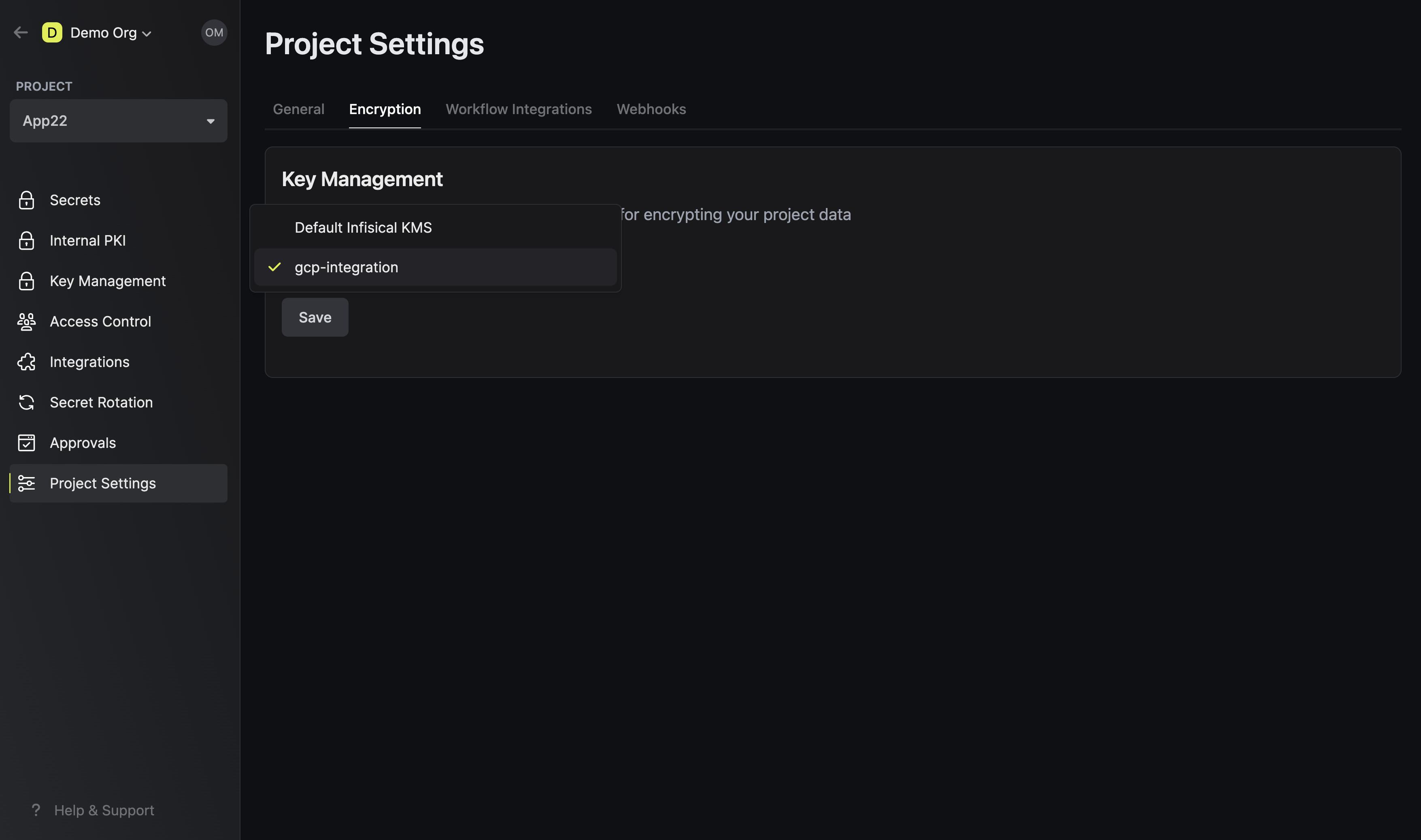 Select encryption project
settings