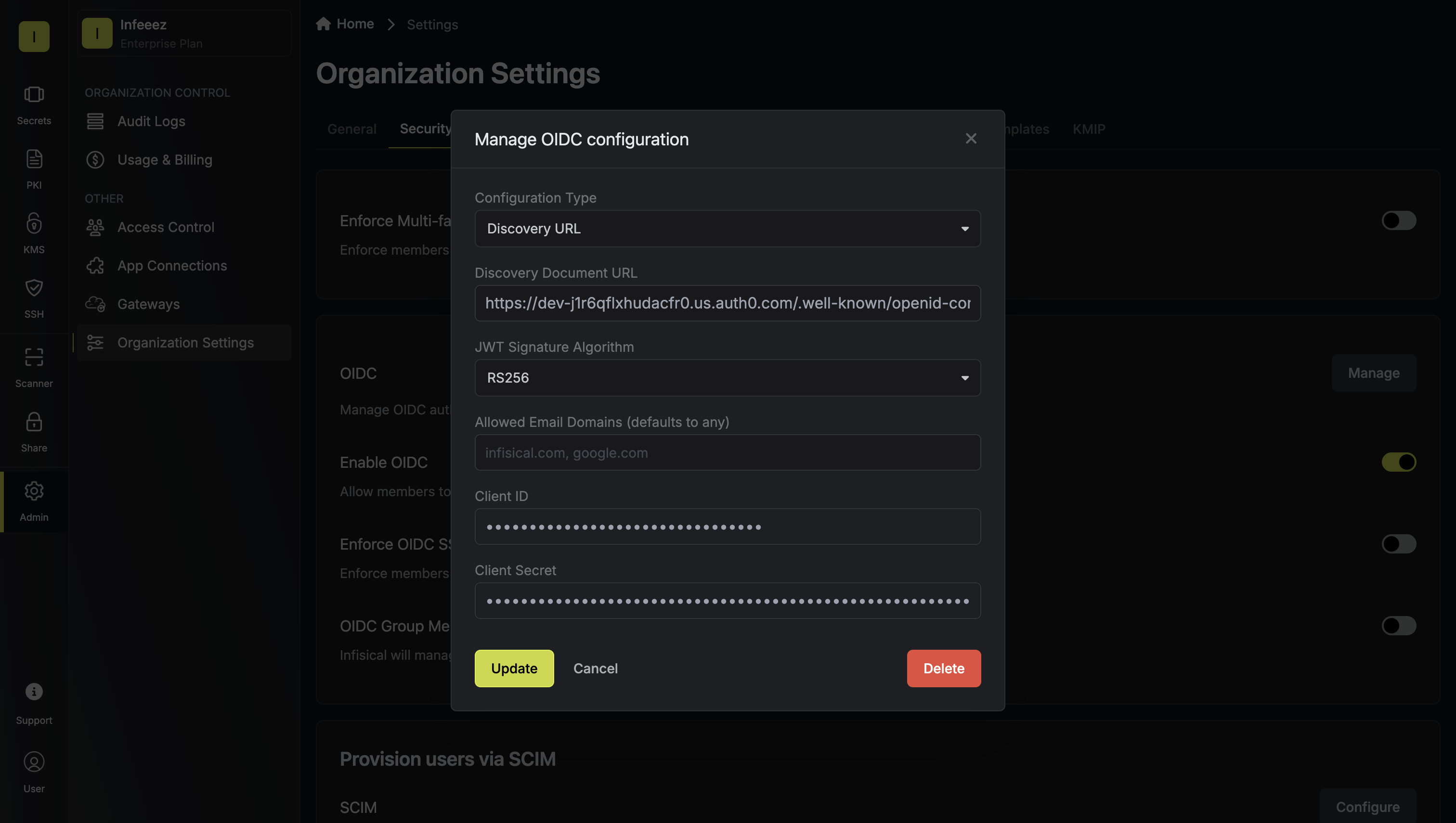 OIDC auth0 paste values into Infisical