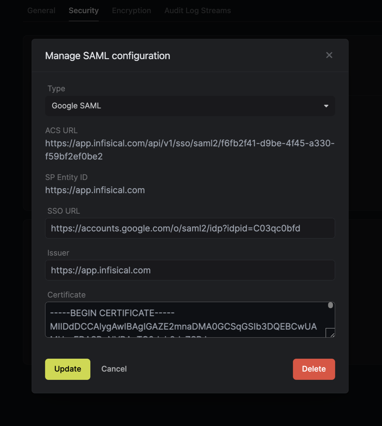 Google SAML Infisical config