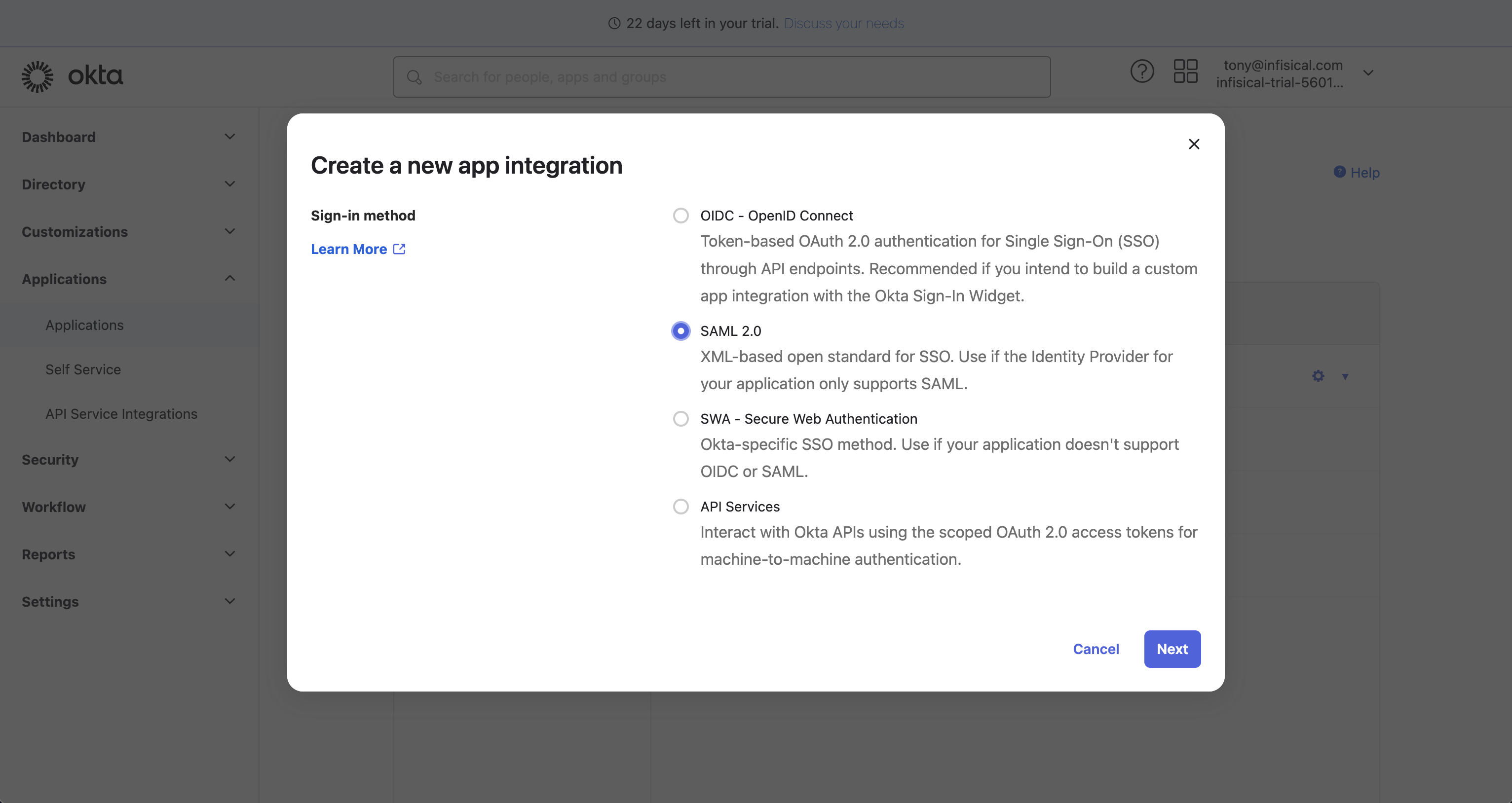 SAML Okta create SAML 2.0 integration