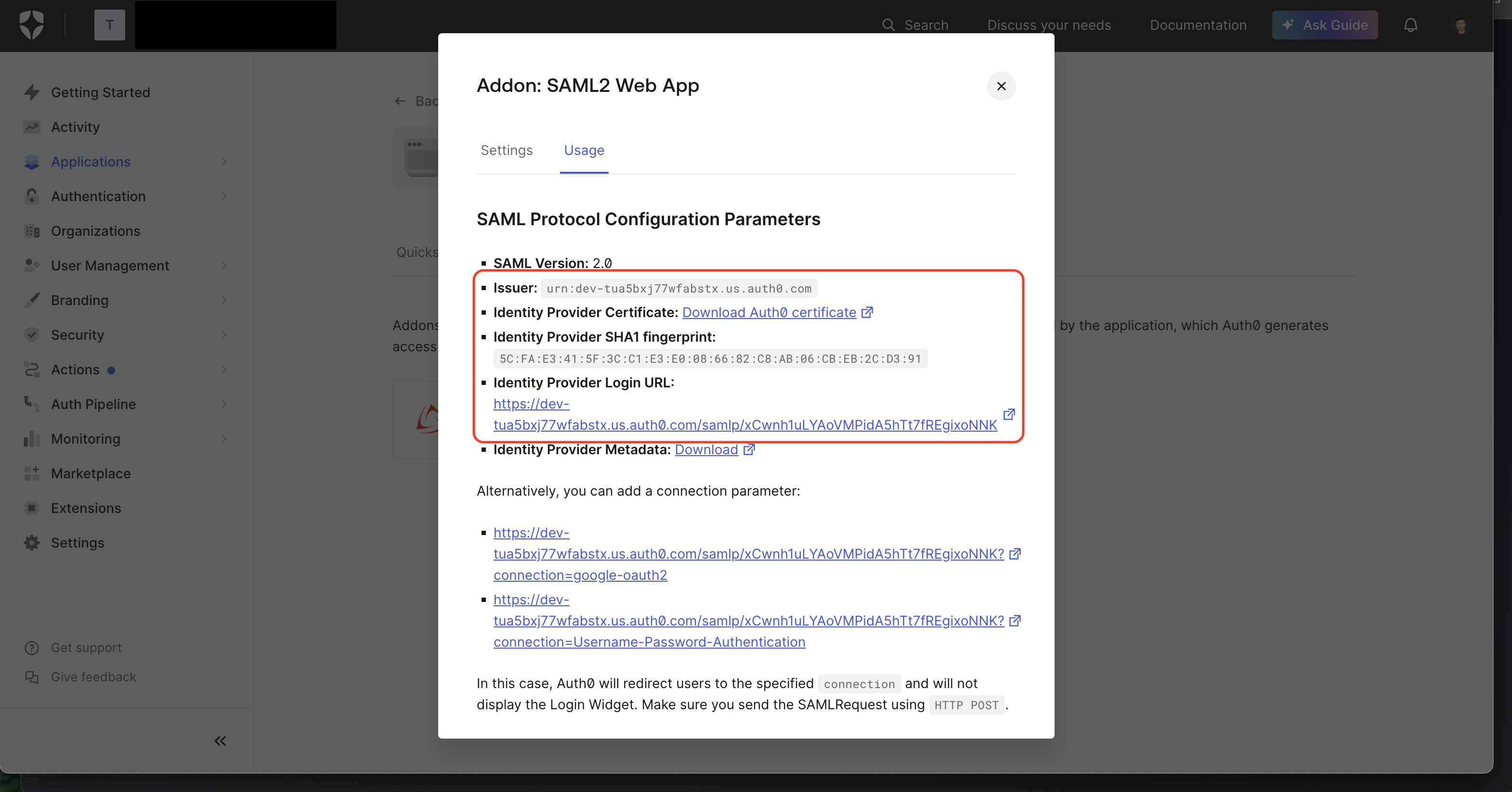 Auth0 SAML config