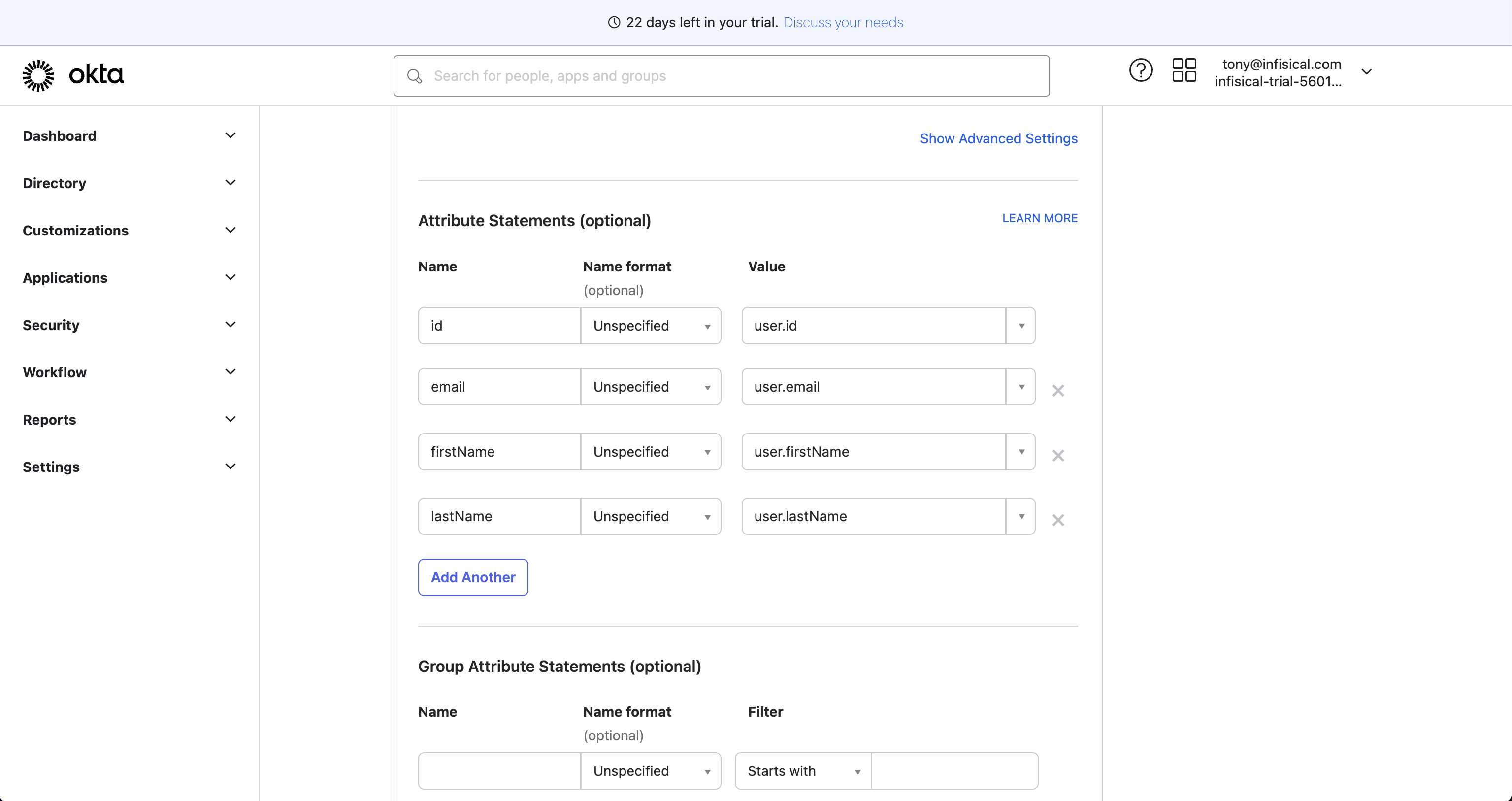 SAML Okta attribute statements