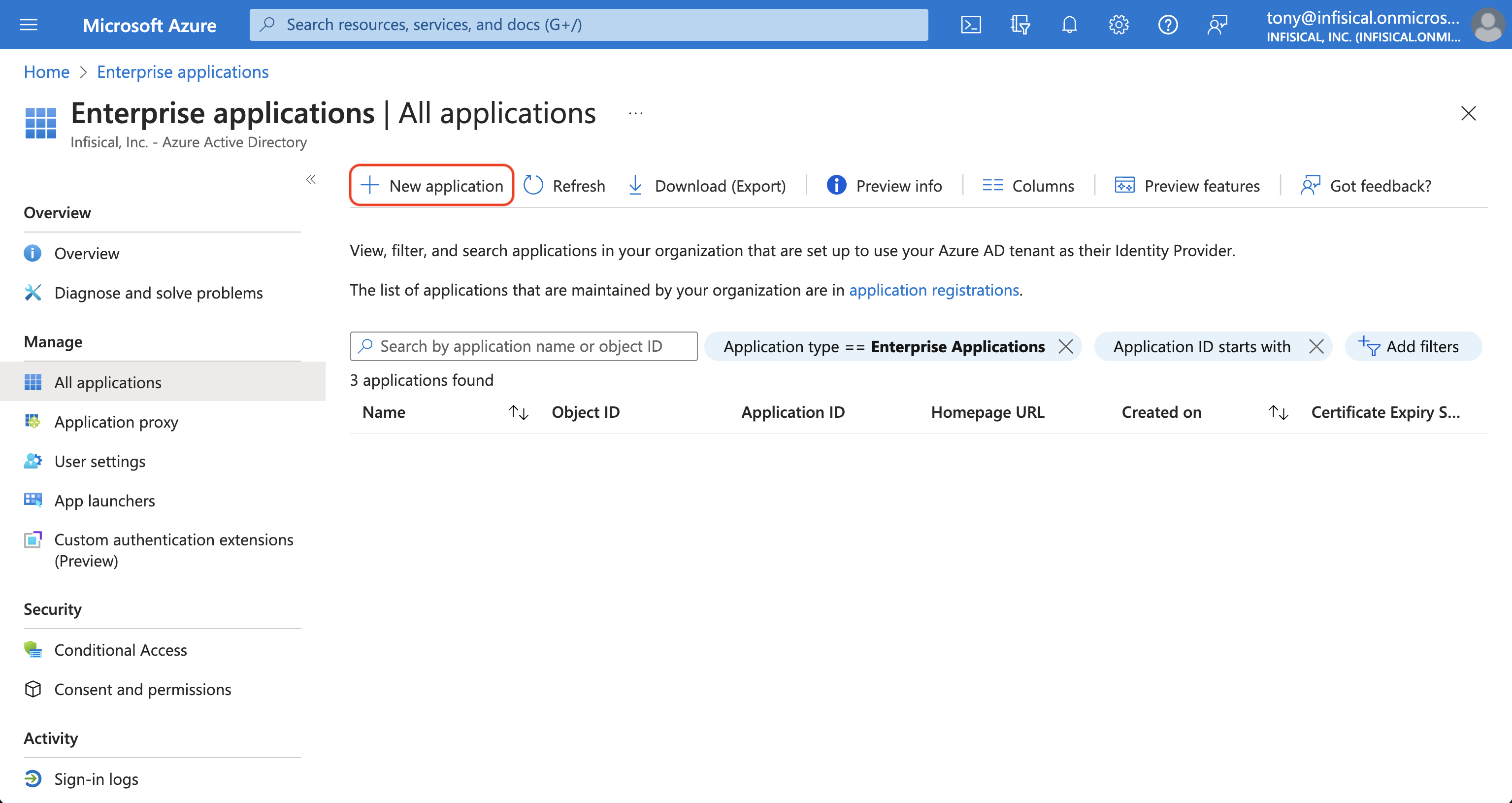 Azure SAML new application