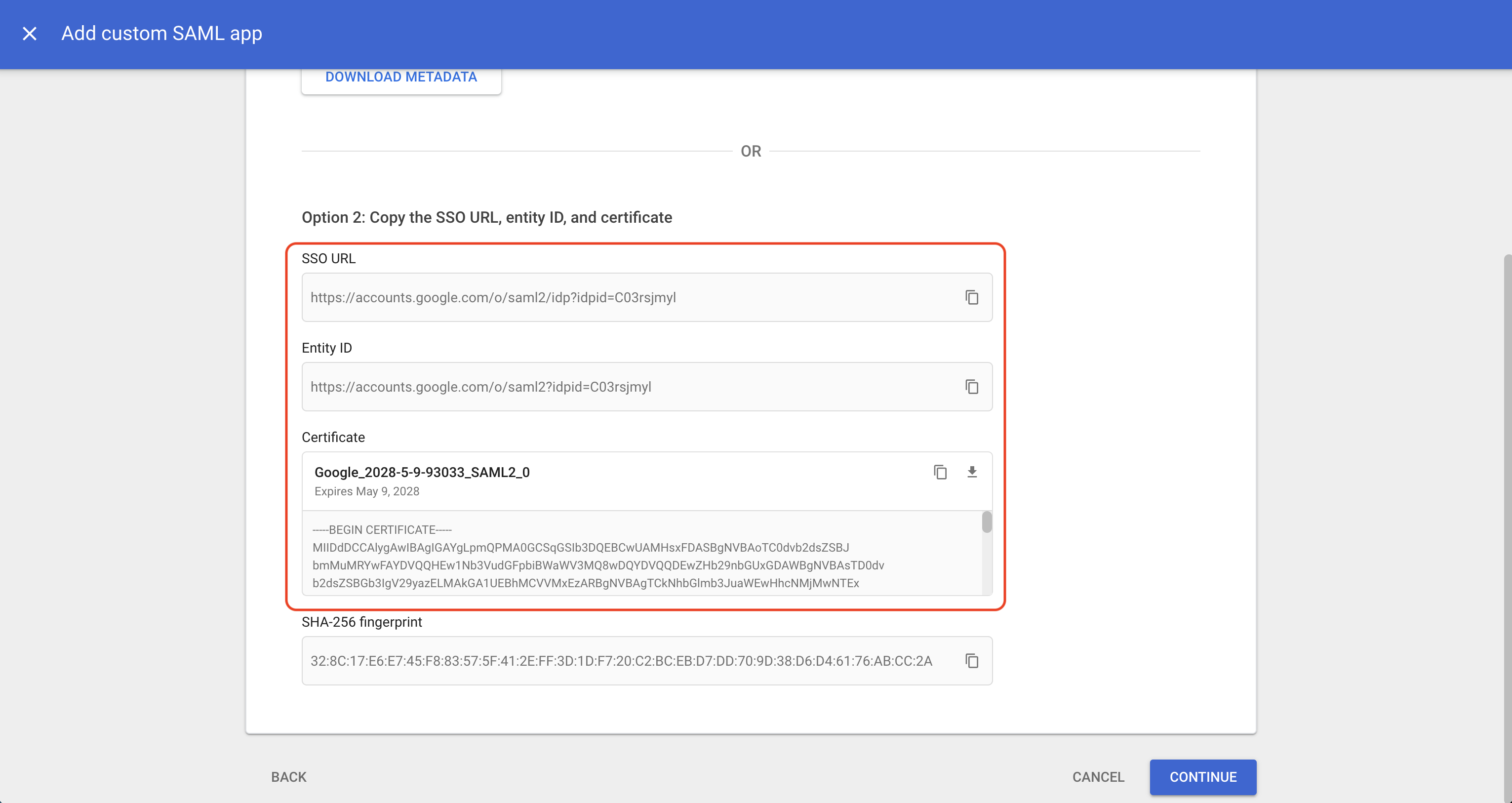 Google SAML custom app details