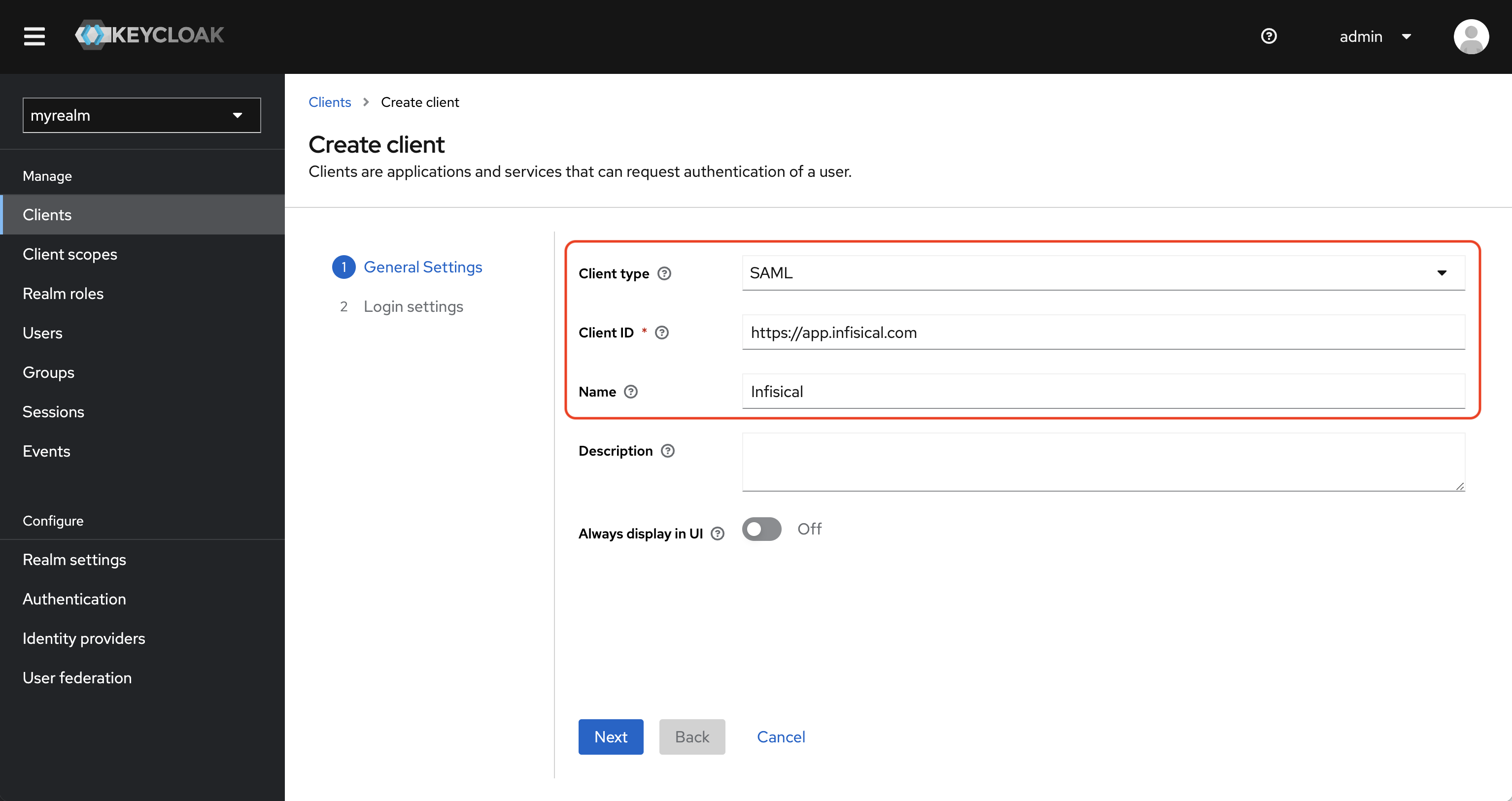 SAML keycloak create client general settings