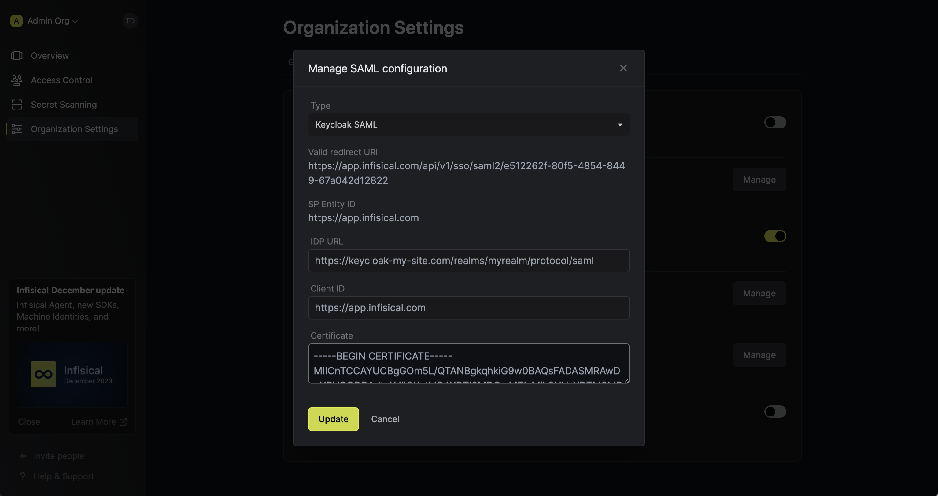 SAML Okta paste values into Infisical