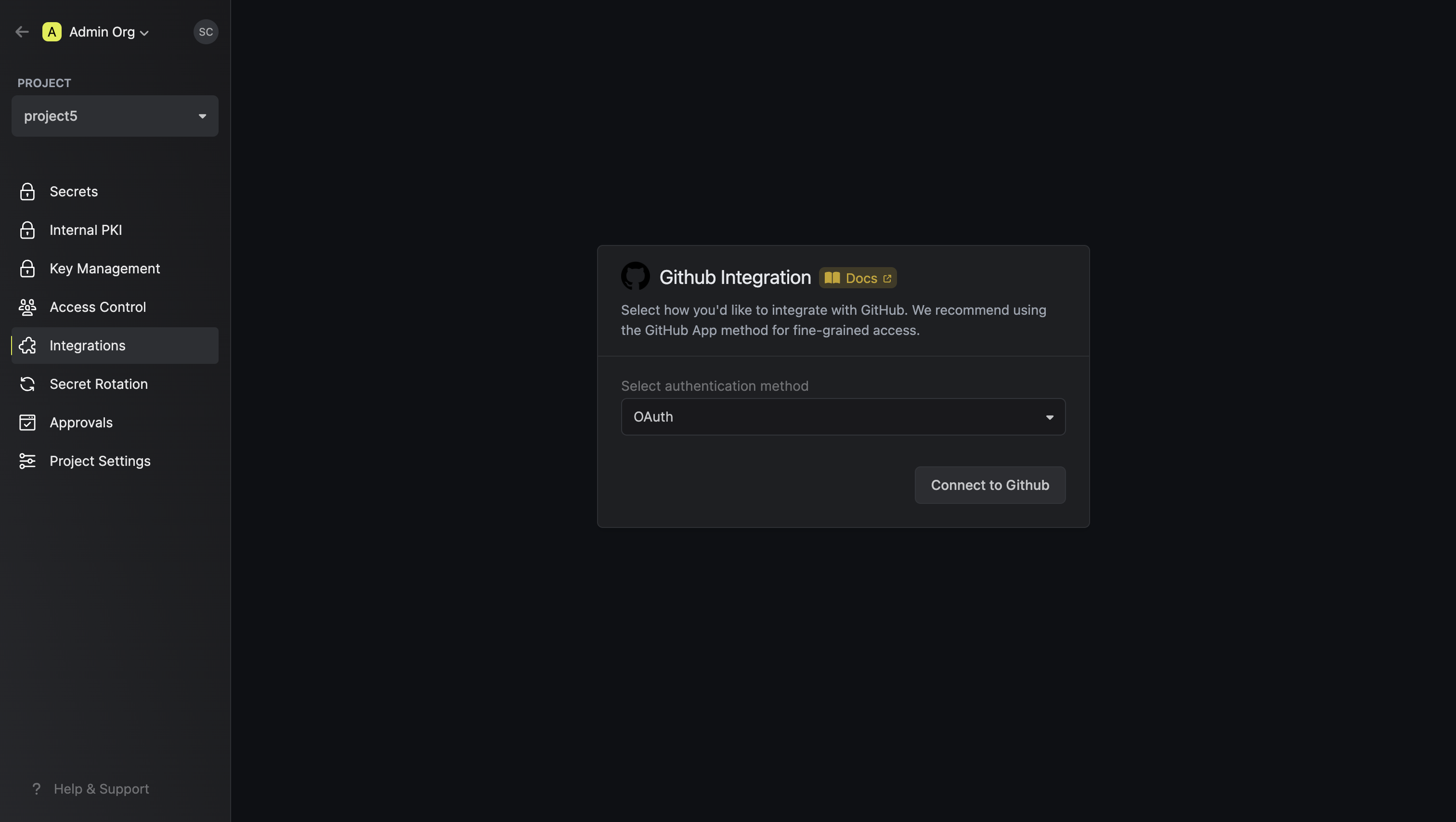 integrations github oauth auth selection