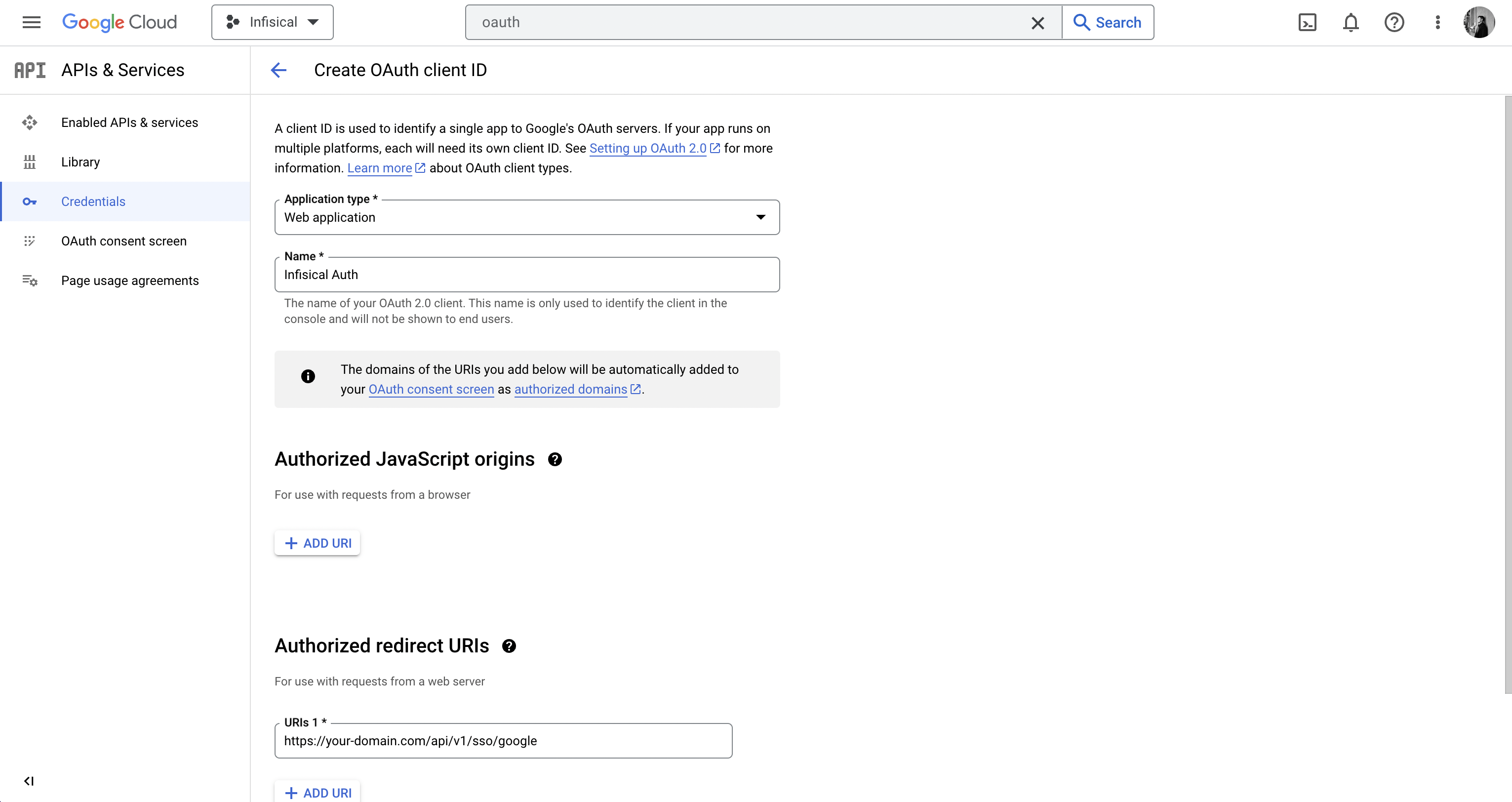 GCP create new OAuth2 application form