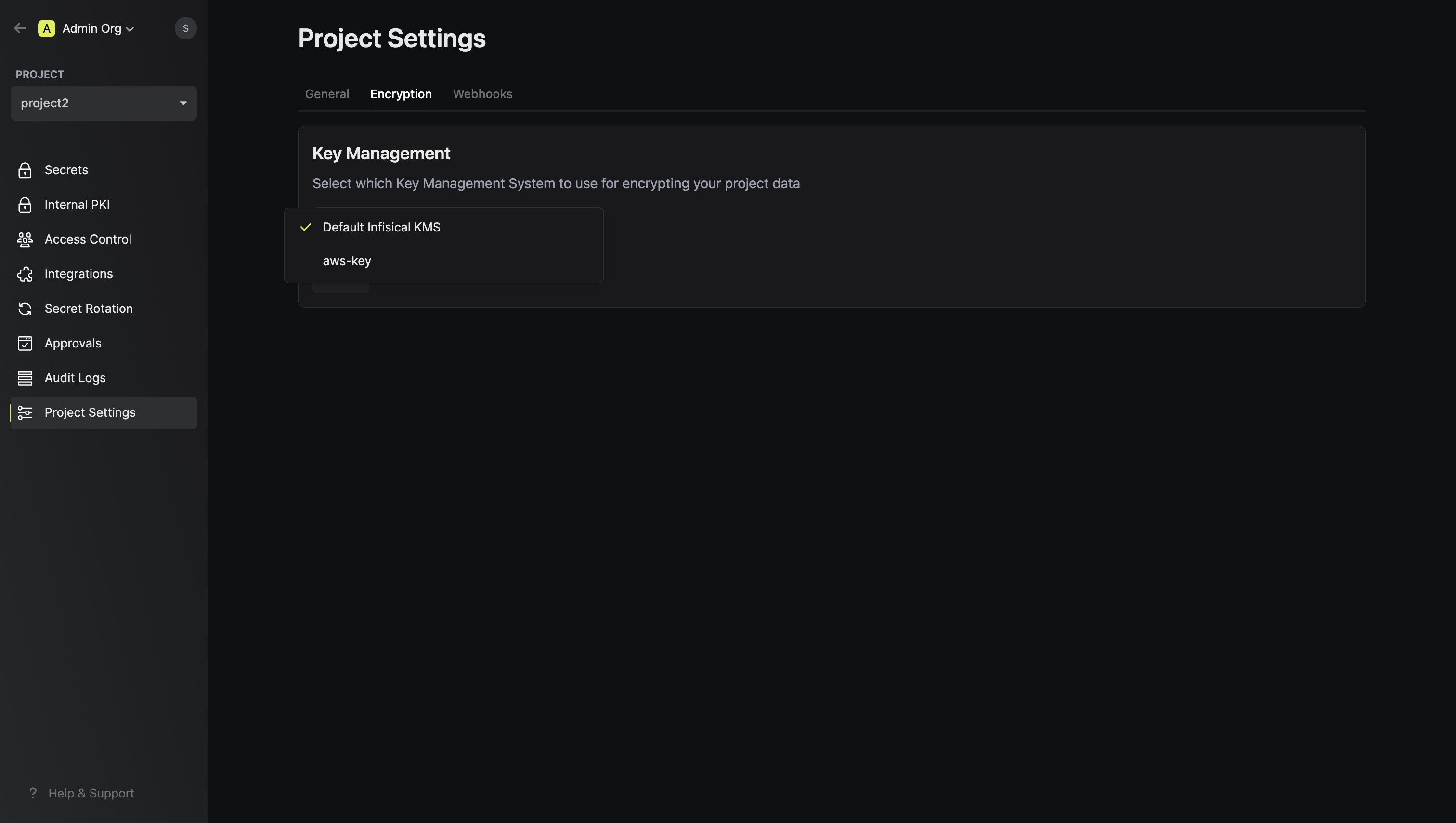 Select encryption project
settings
