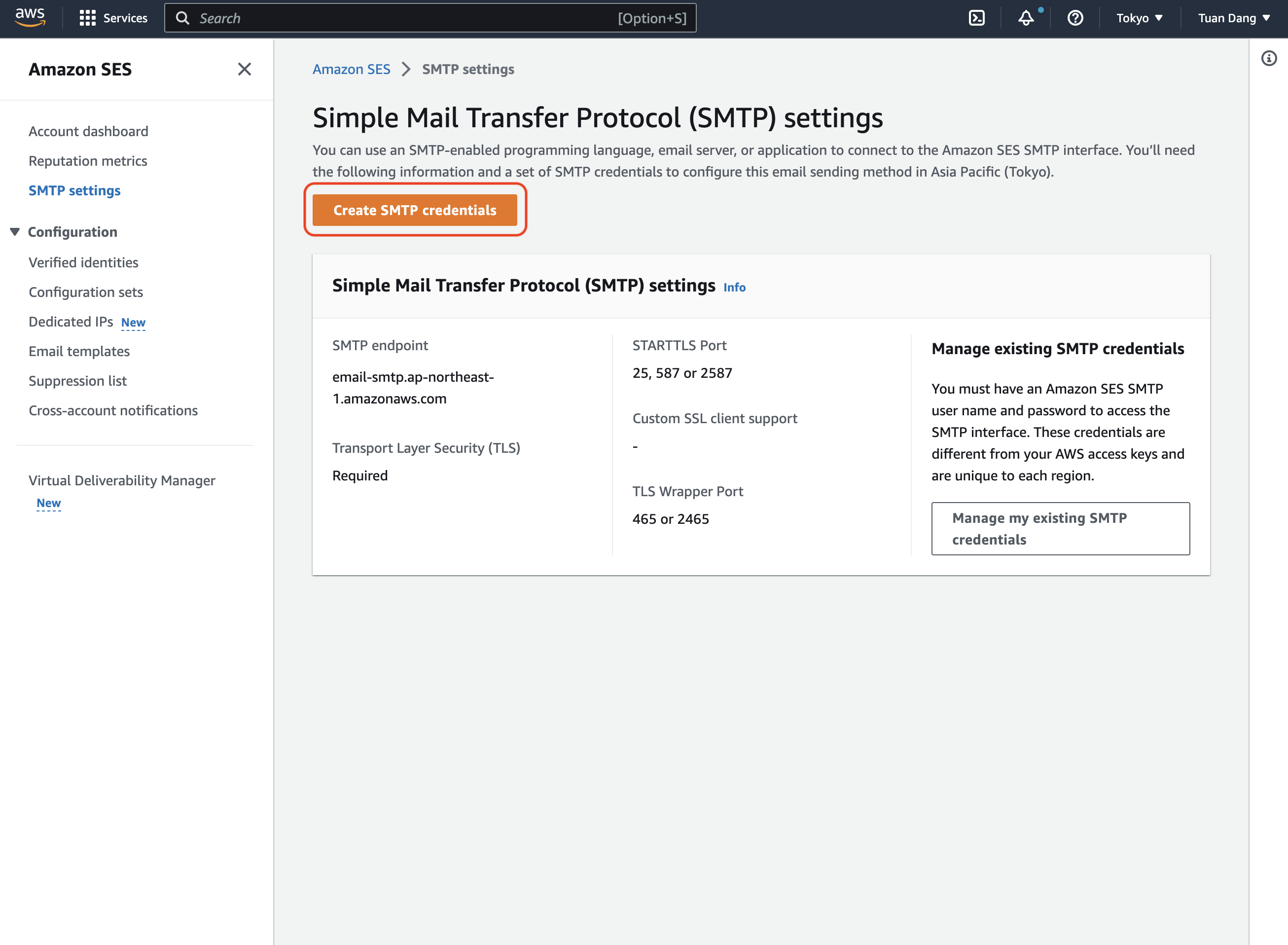 opening AWS SES console