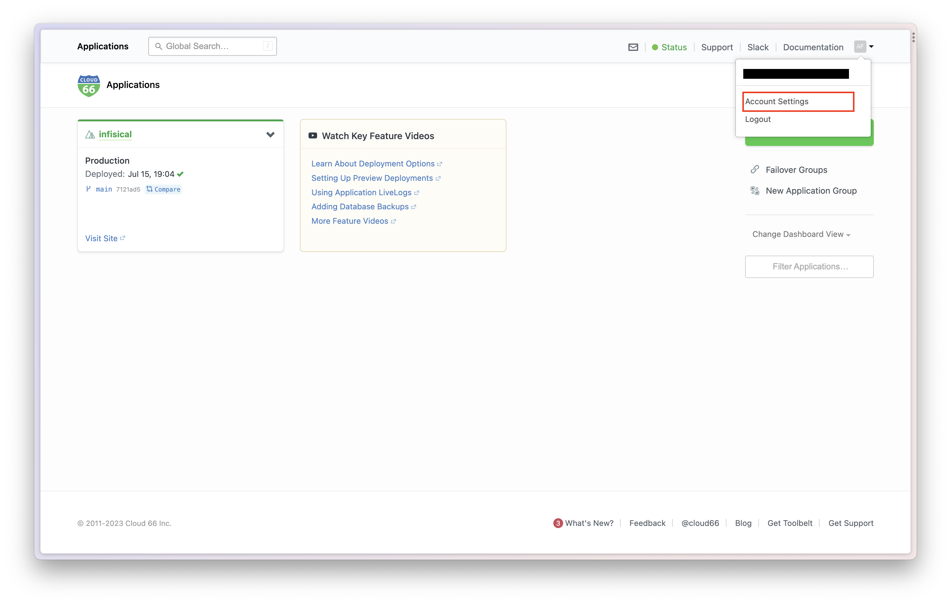 integrations cloud 66 dashboard