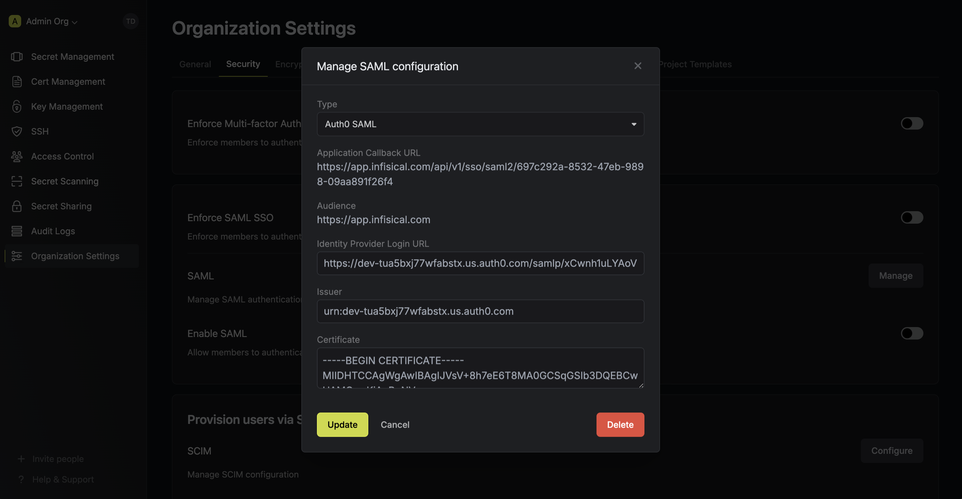 Auth0 SAML Infisical config