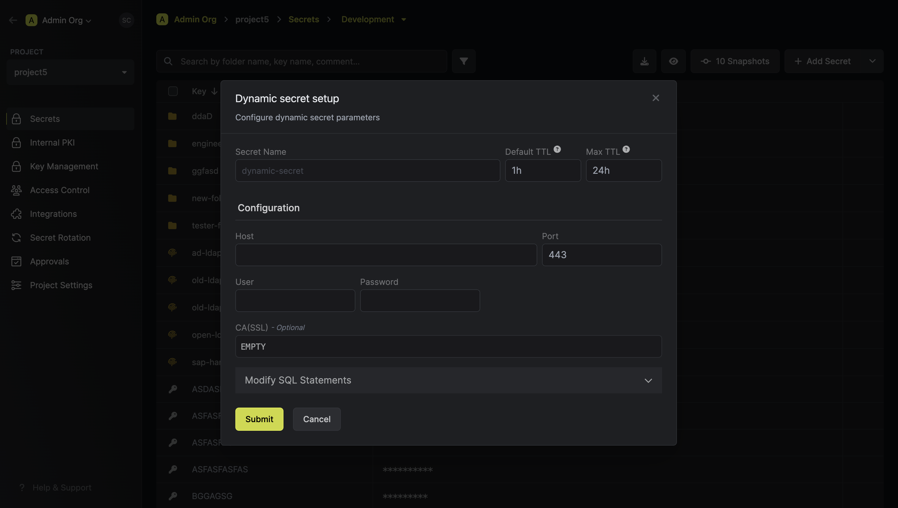 Dynamic Secret Setup Modal