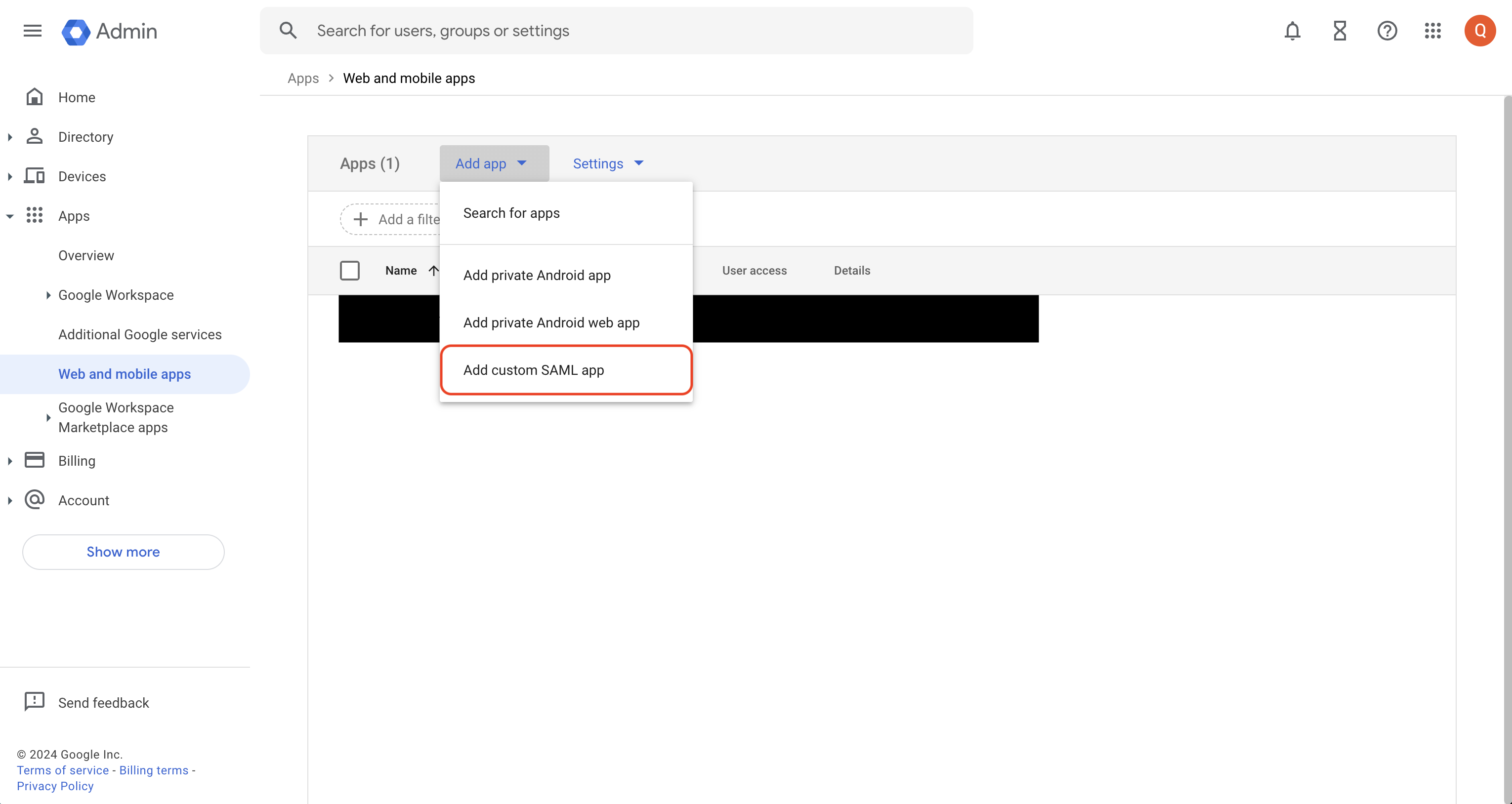 Google SAML app creation