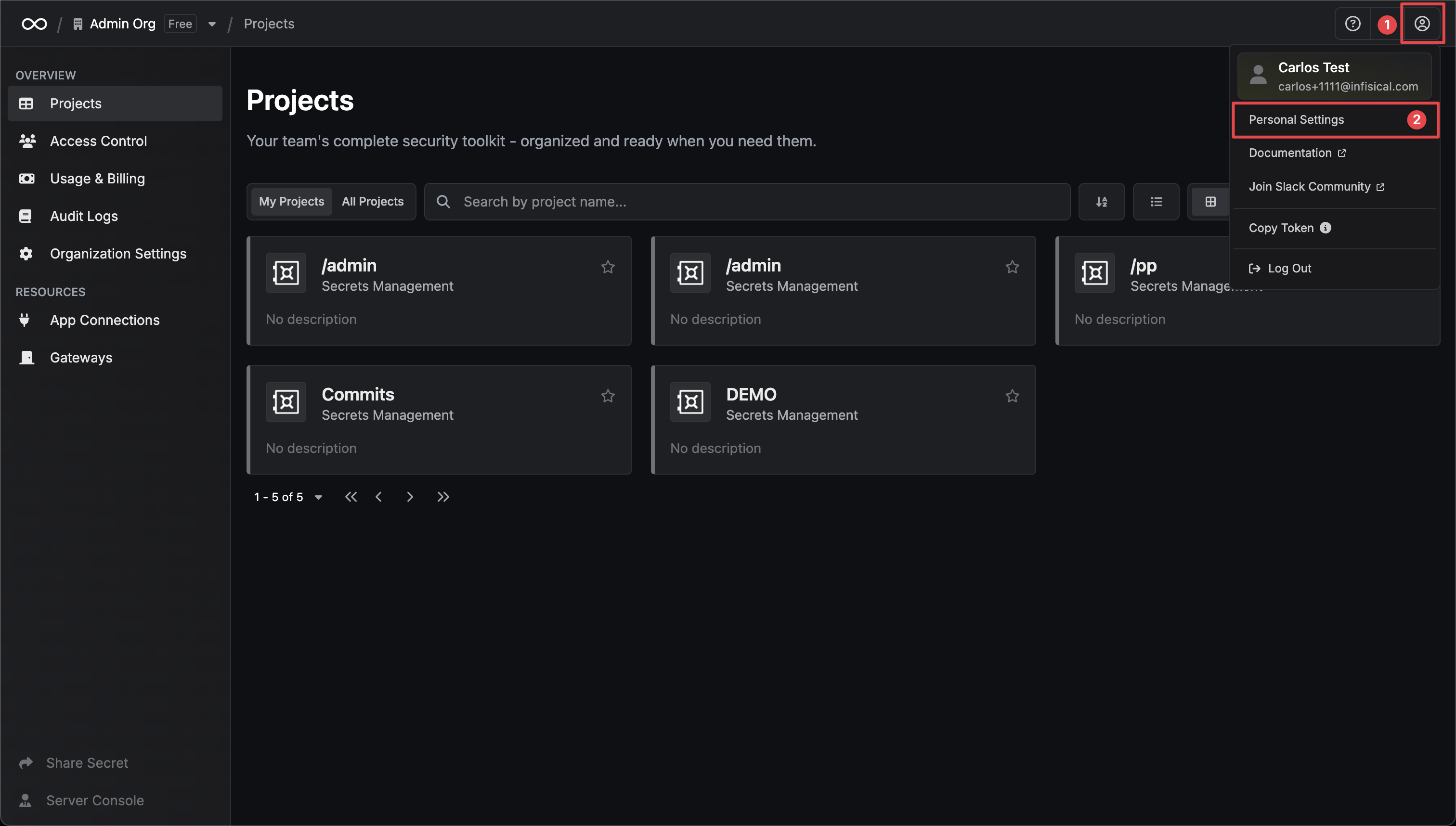 open personal settings