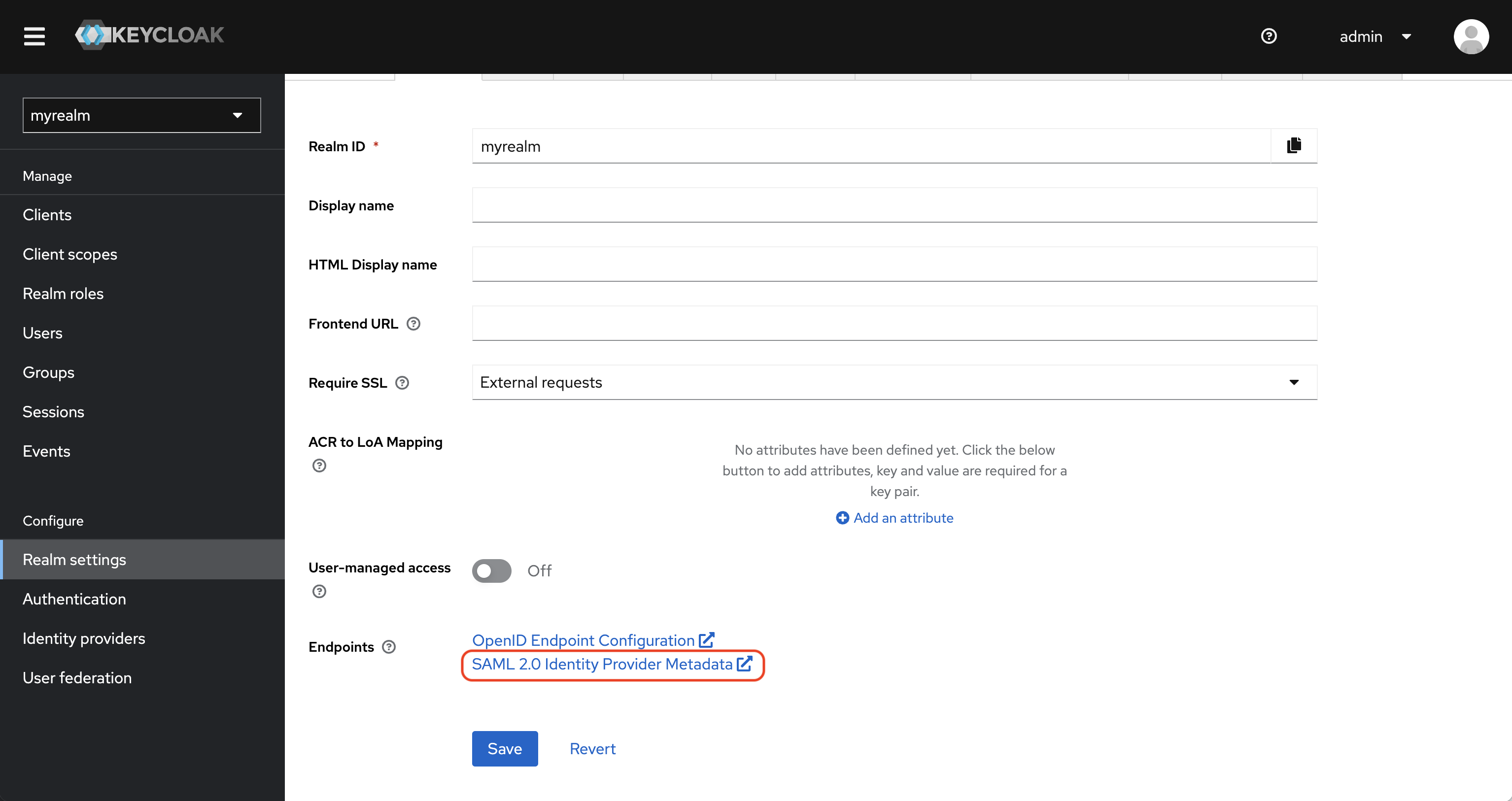 SAML keycloak realm SAML metadata