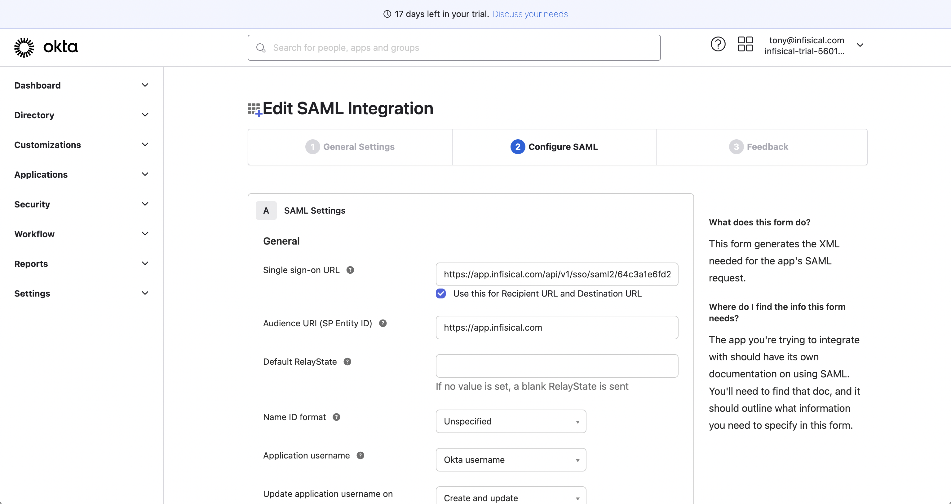 SAML Okta configure IdP fields