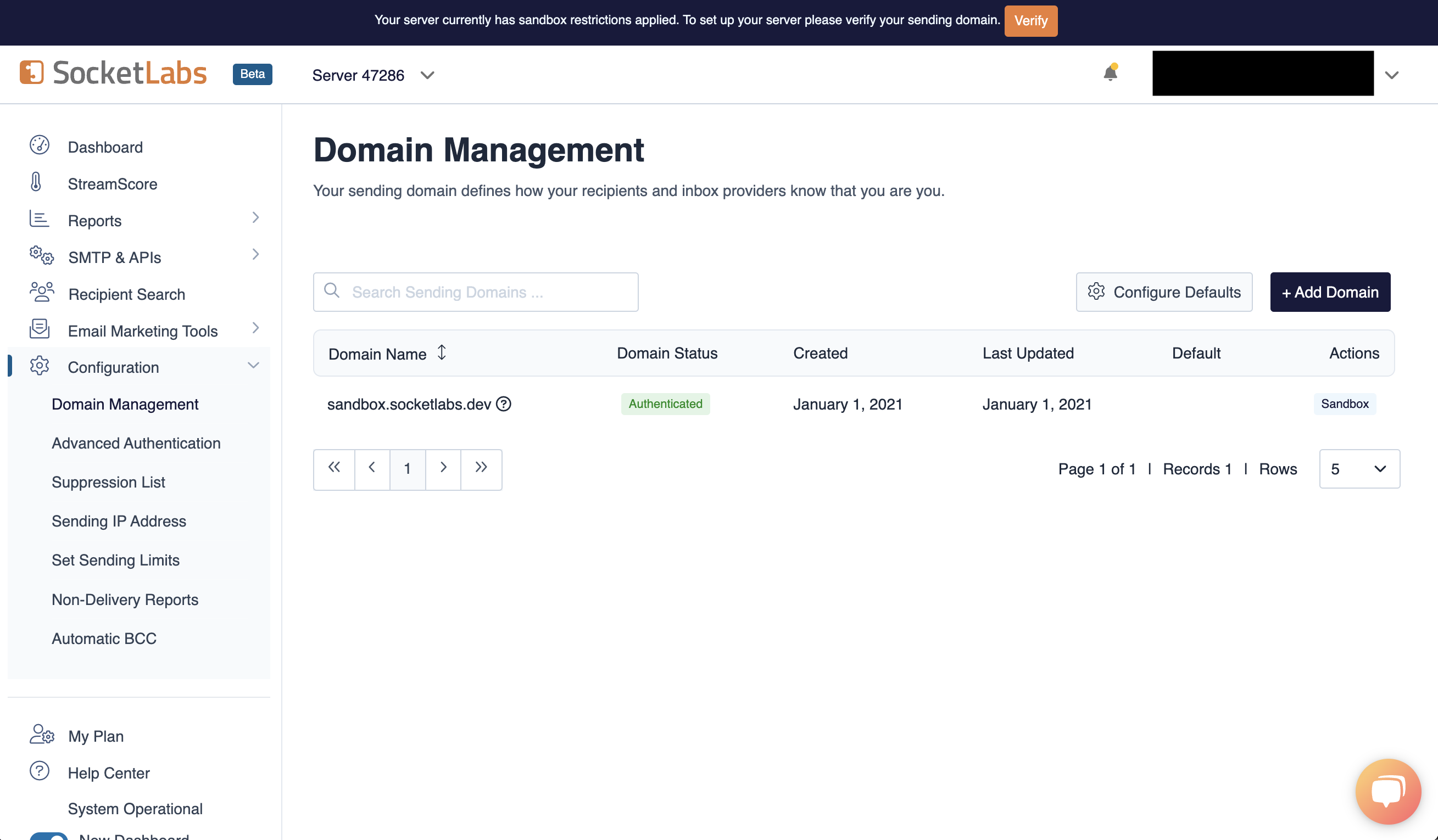 SocketLabs domain management