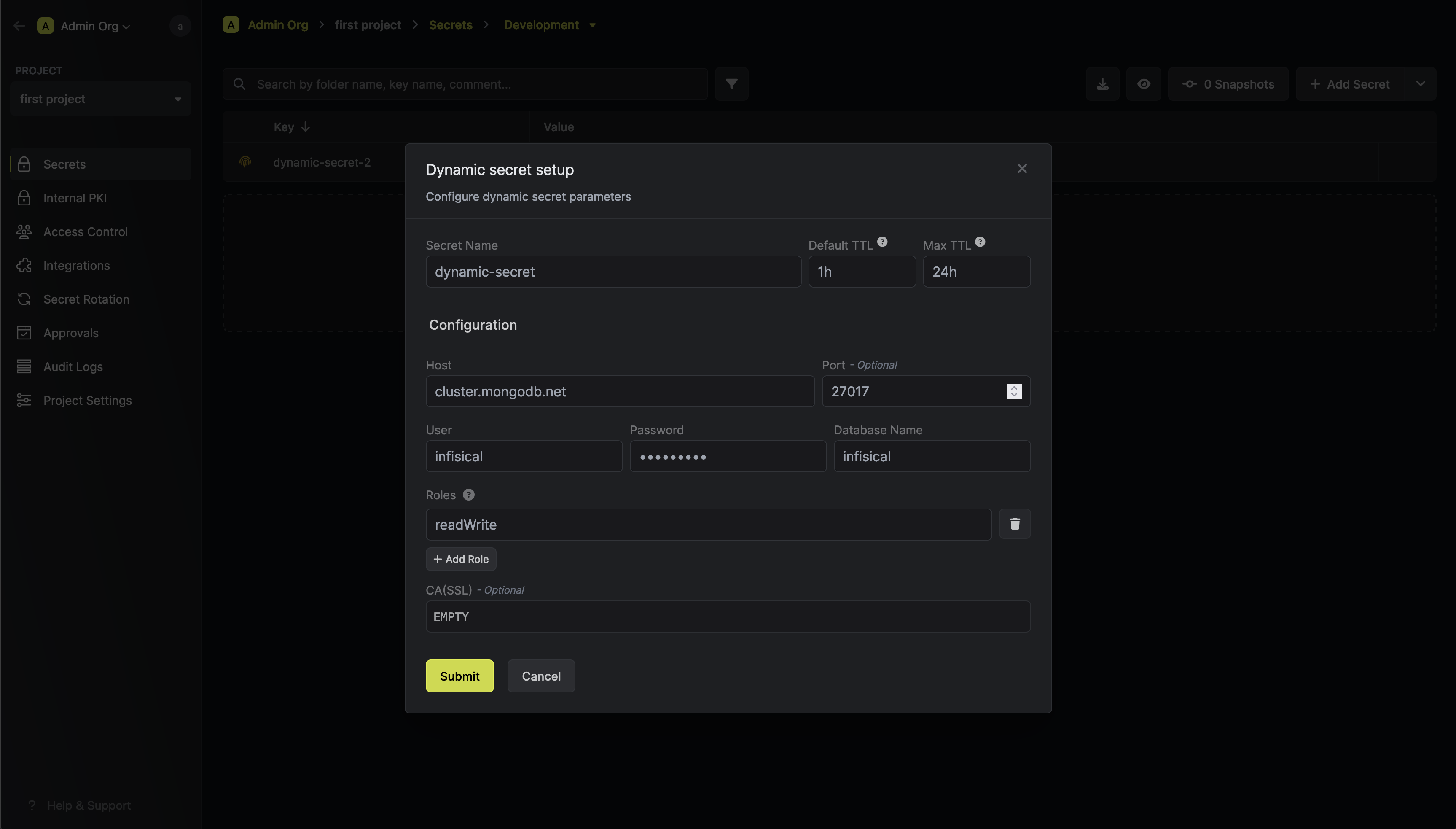 Dynamic Secret Setup Modal