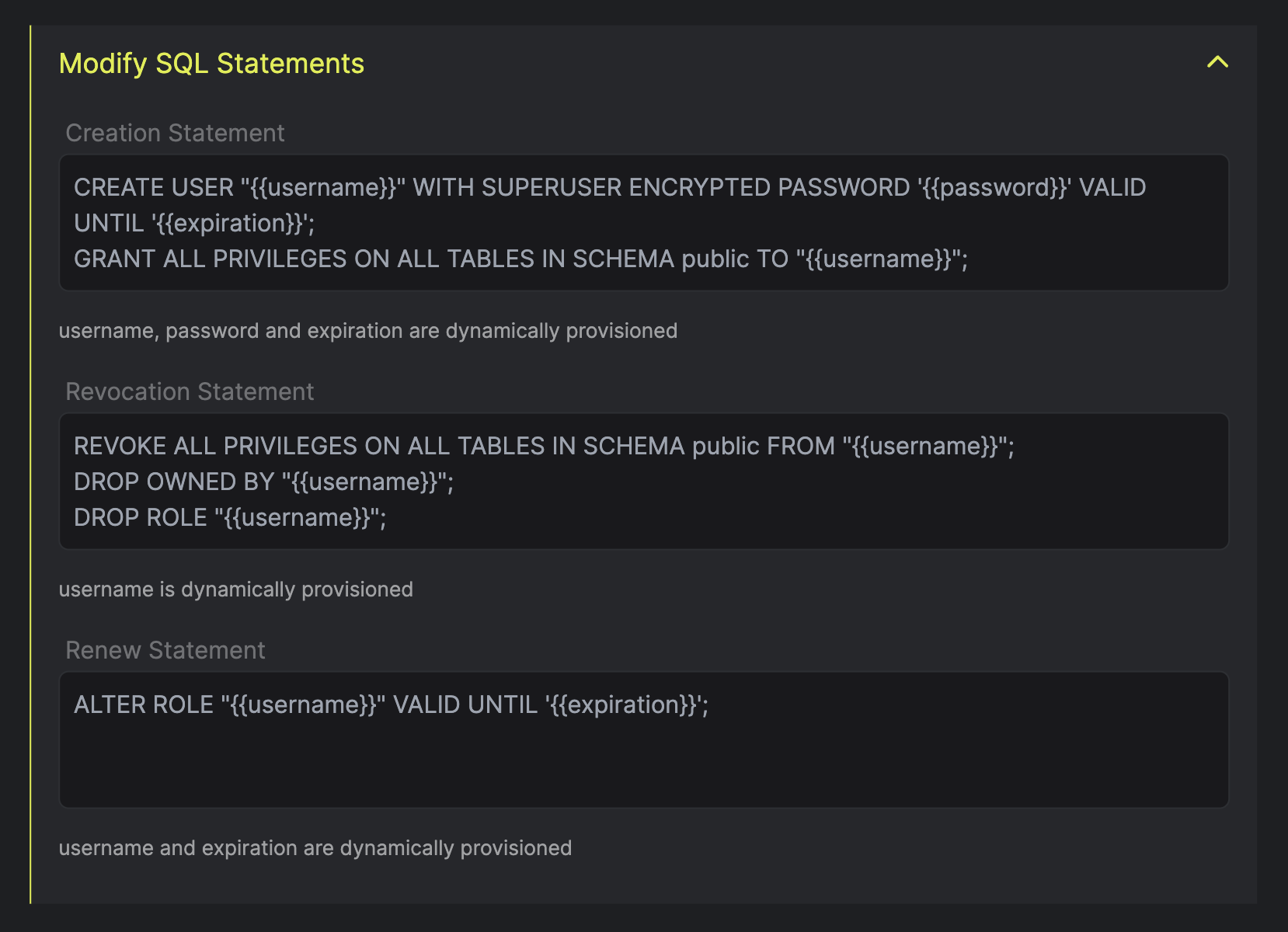 Modify SQL Statements Modal