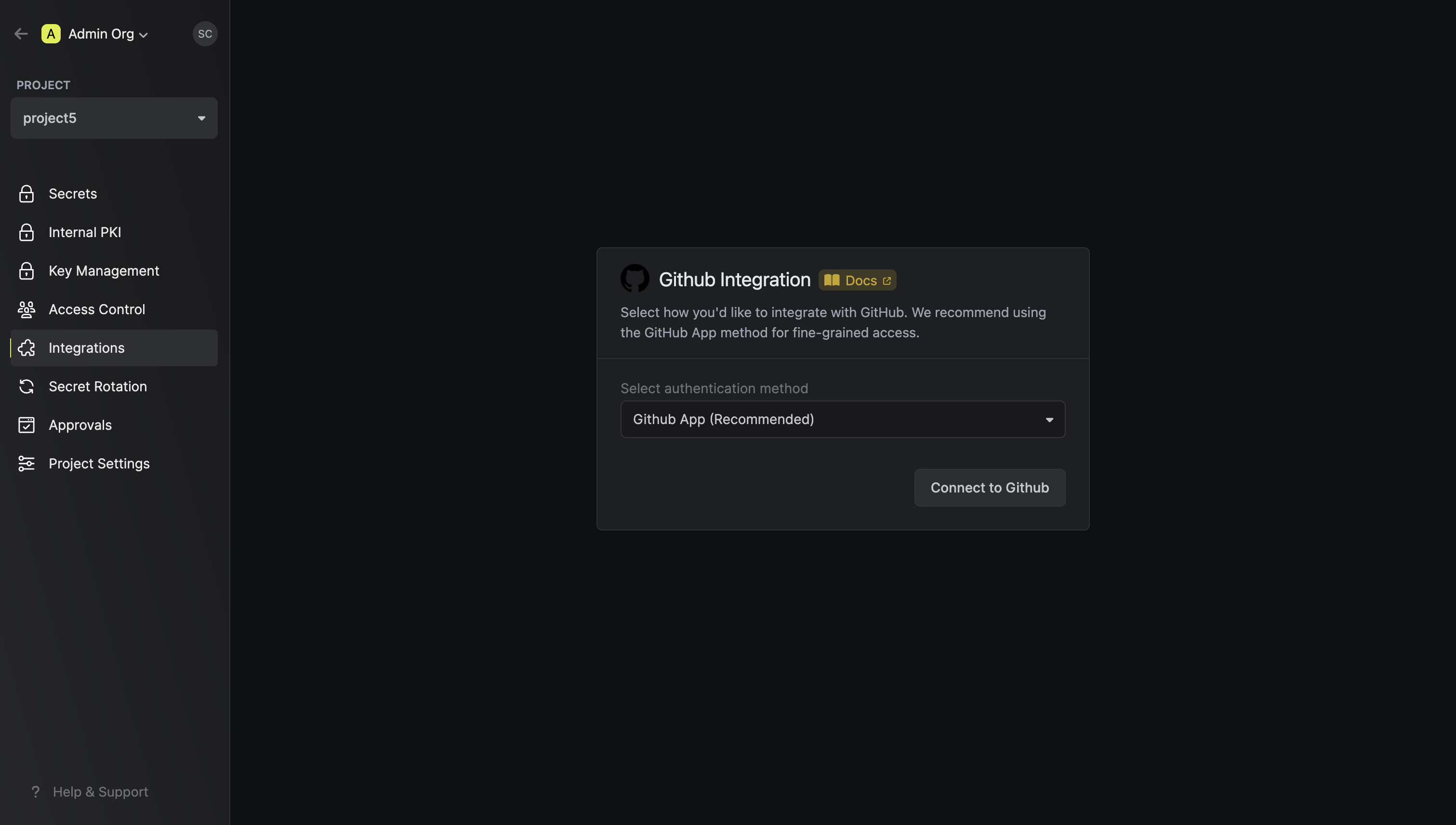 integrations github app auth selection