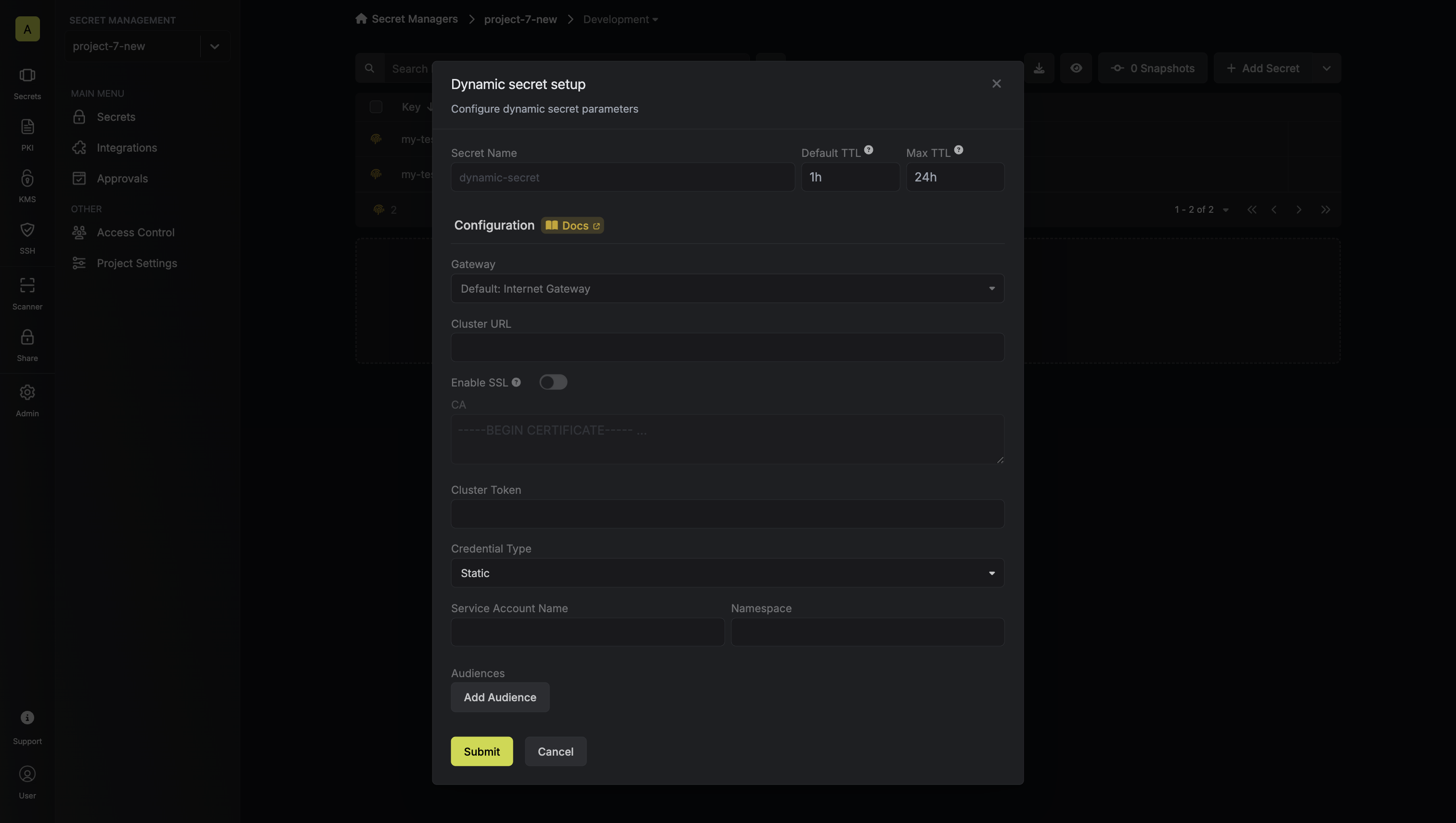 Dynamic Secret Setup Modal