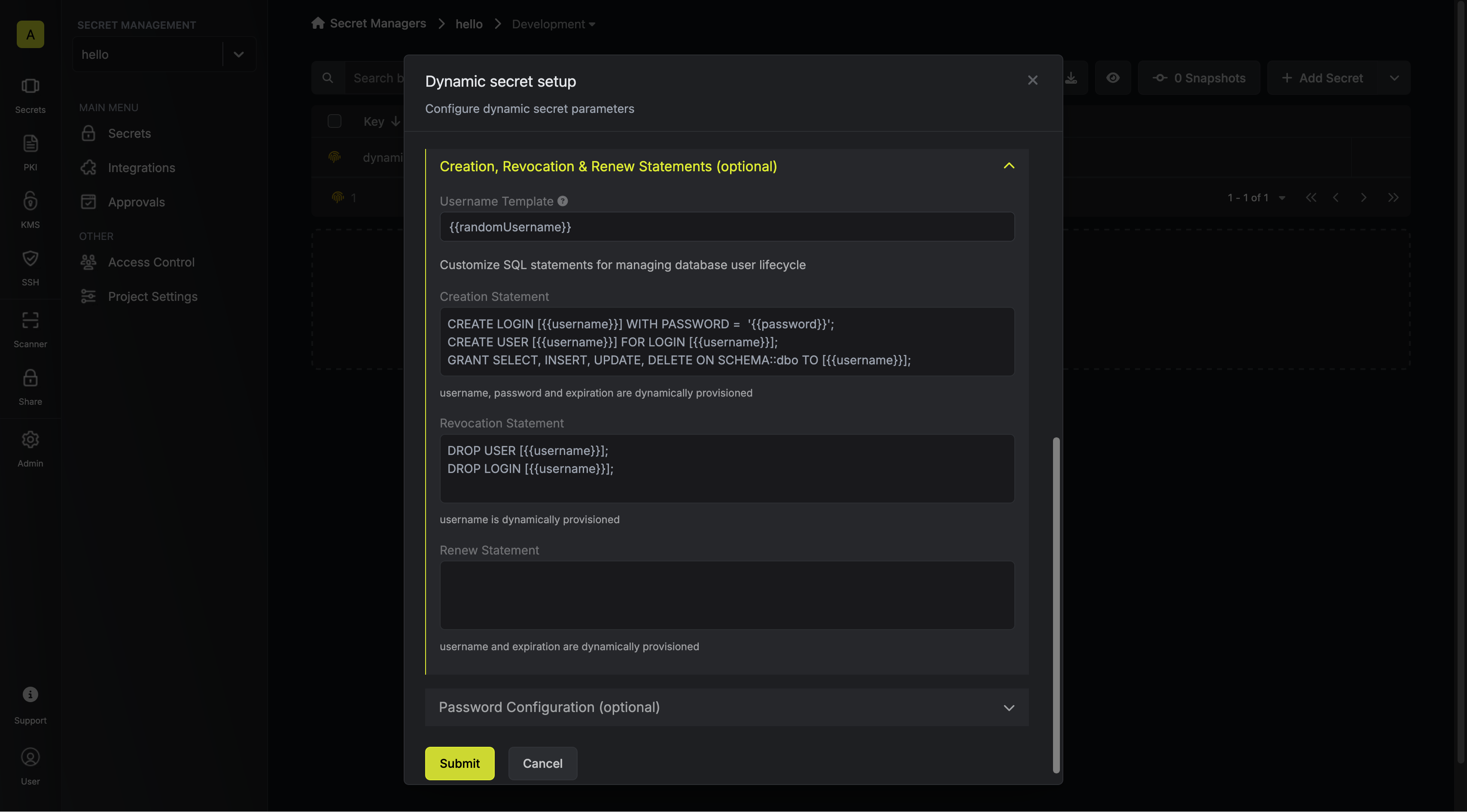 Modify SQL Statements Modal