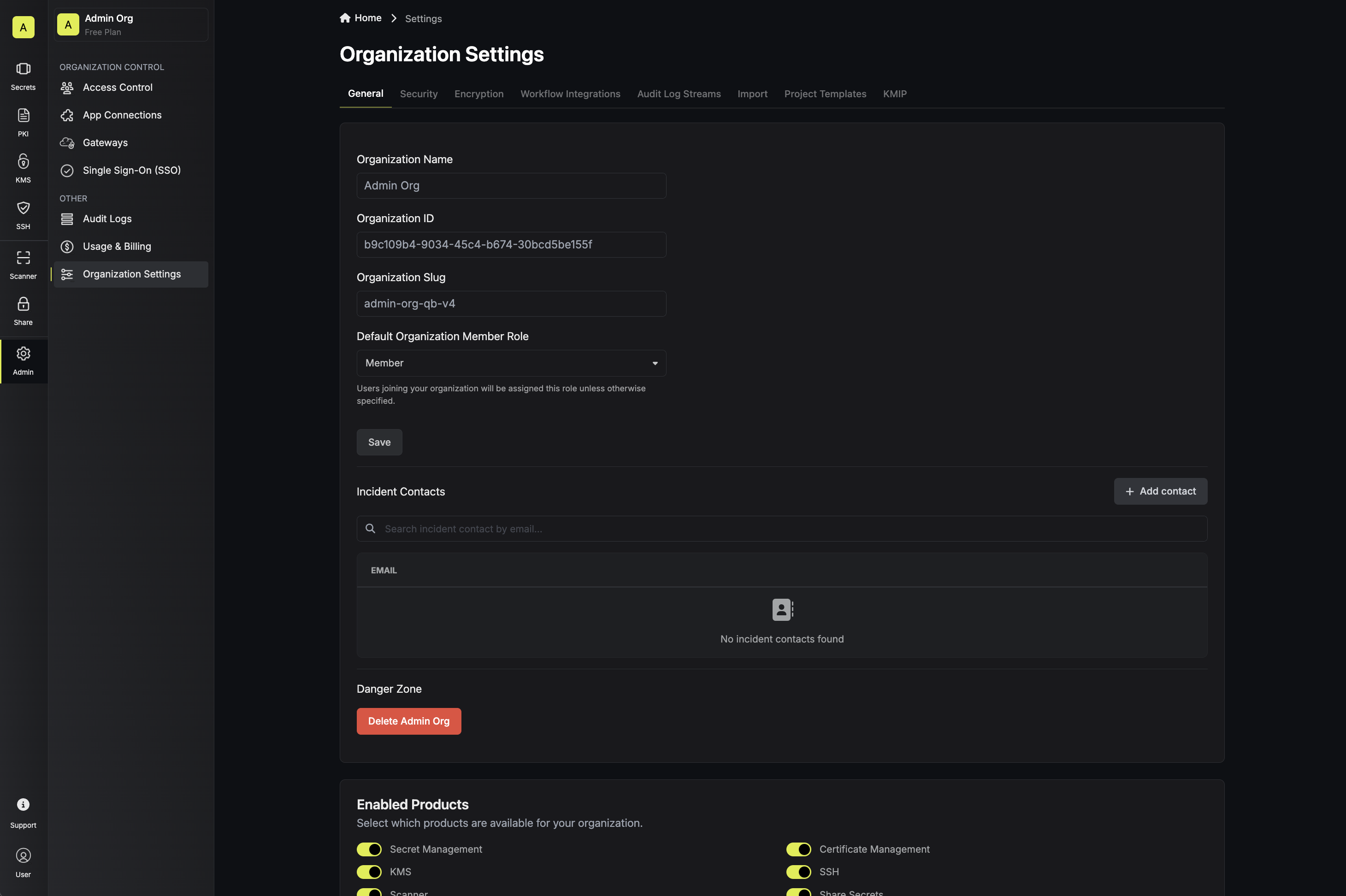 organization settings general