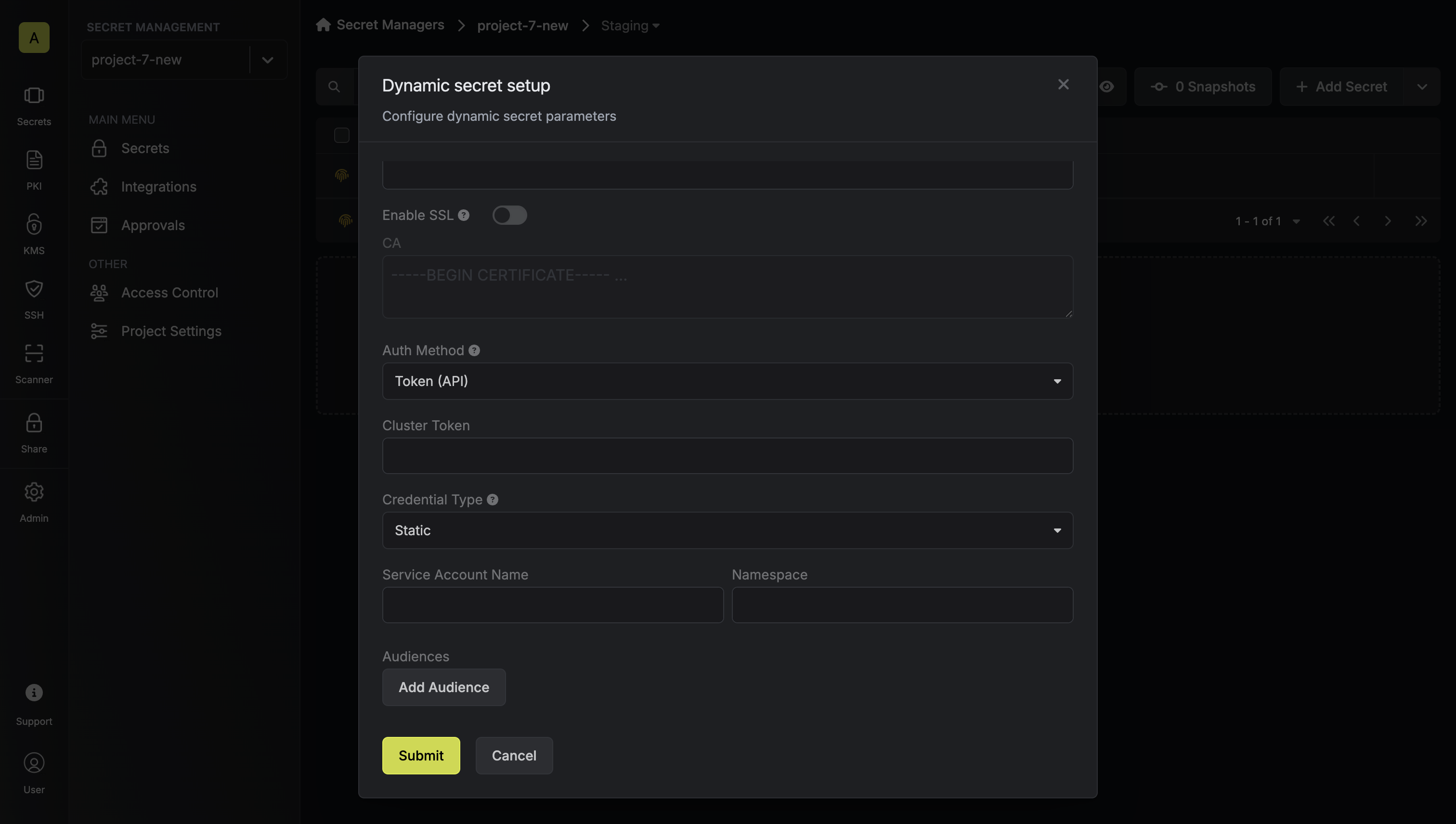 Dynamic Secret Setup Modal