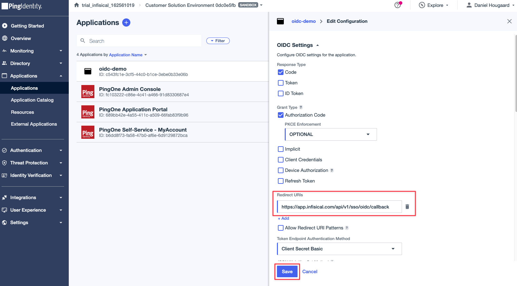 OIDC PingOne Edit Redirect URI