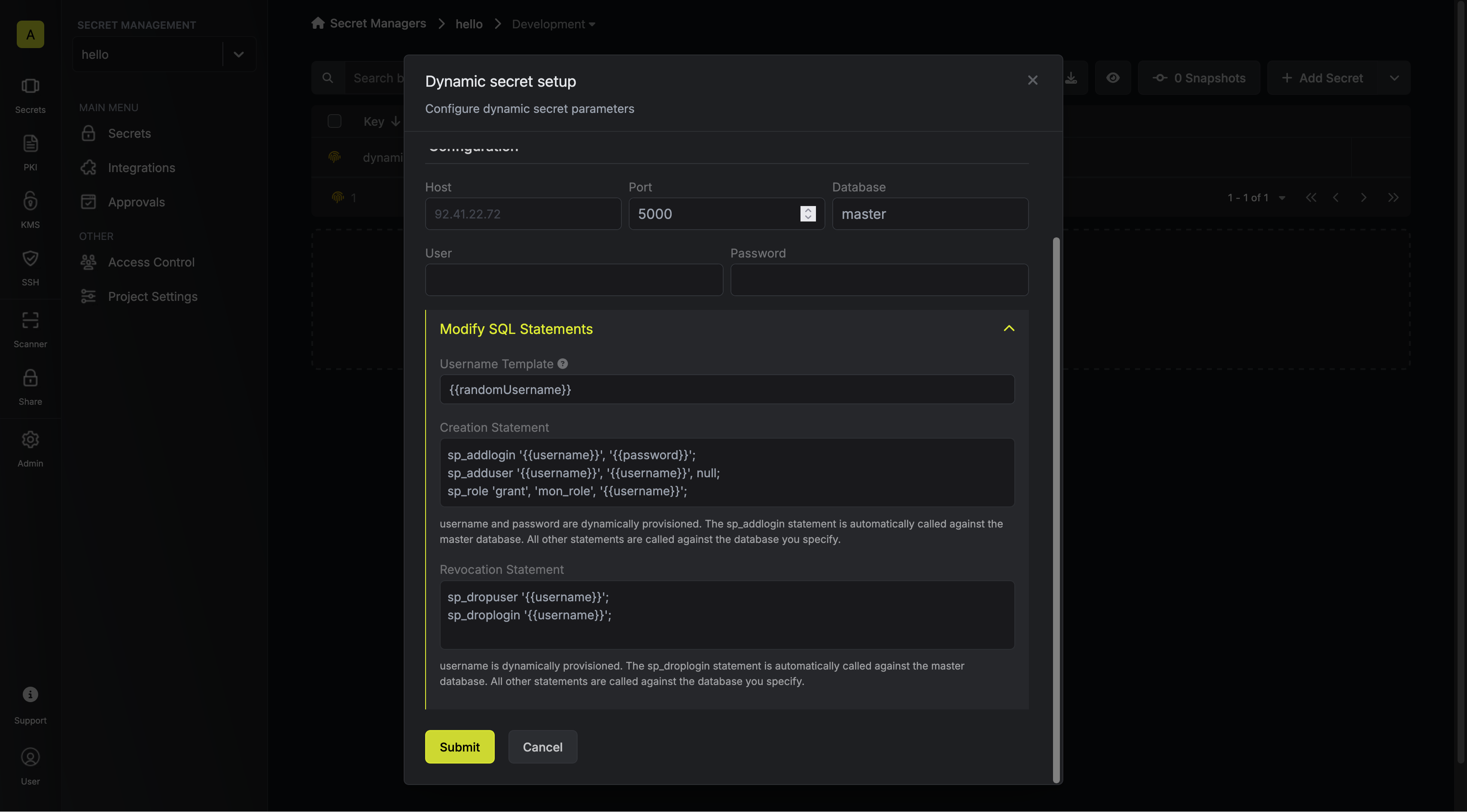 Modify SQL Statements Modal