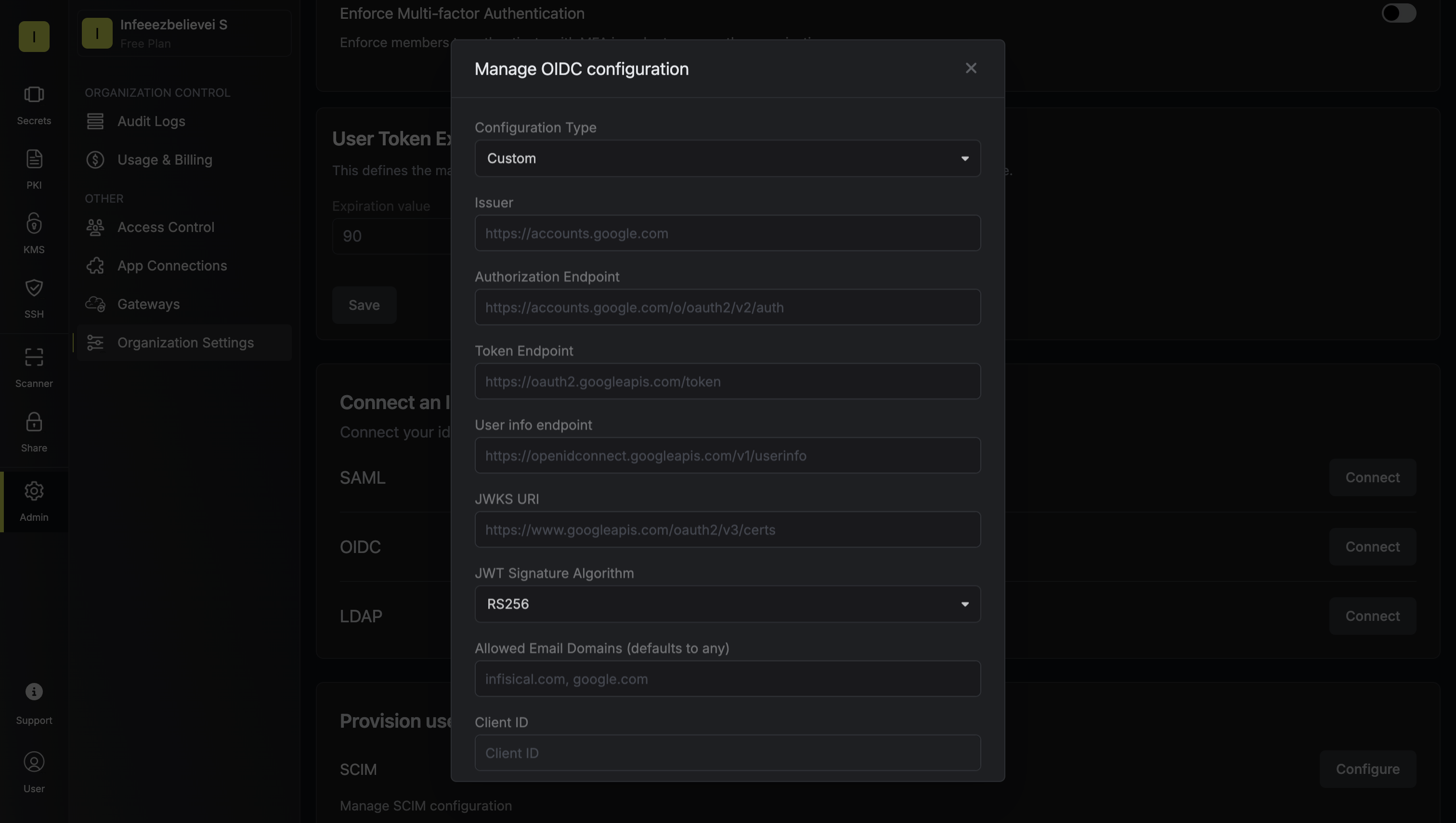 OIDC general custom config